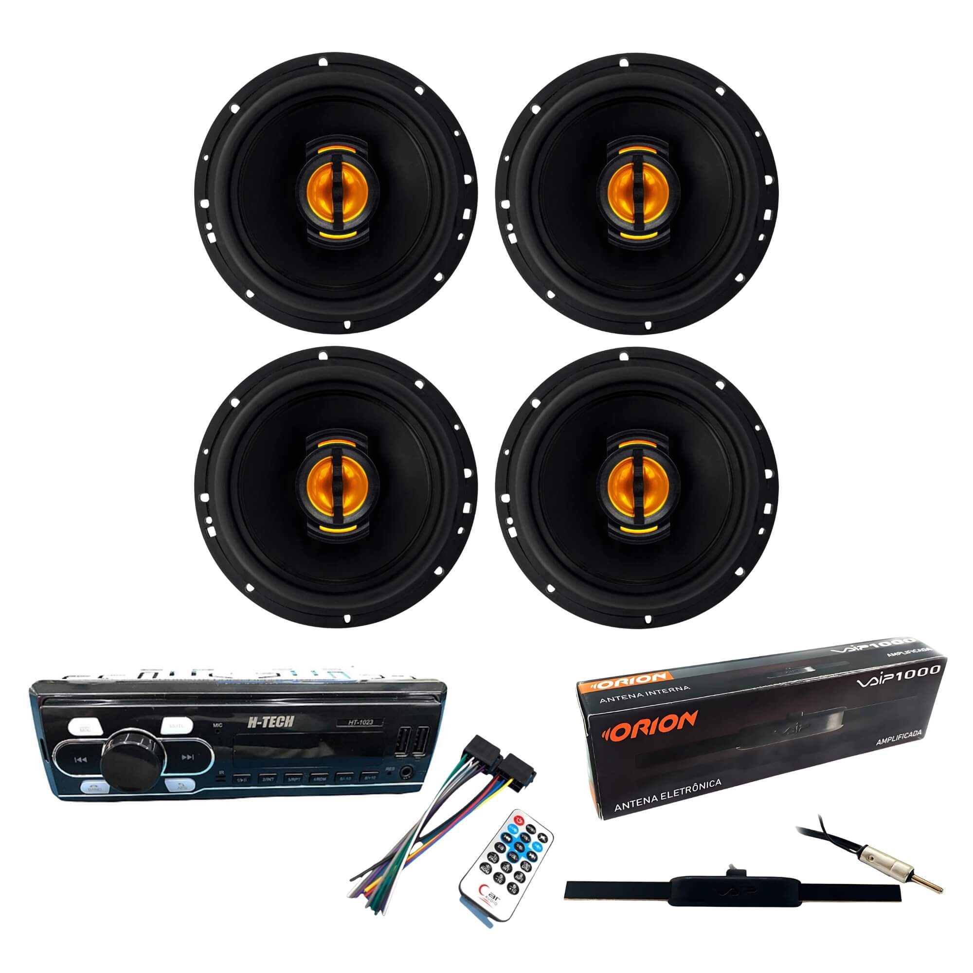 COMP Kit Som Automotivo - Rádio Bluetooth H-Tech + 2 Kits Falantes Leson 6" + Antena TSR Orion