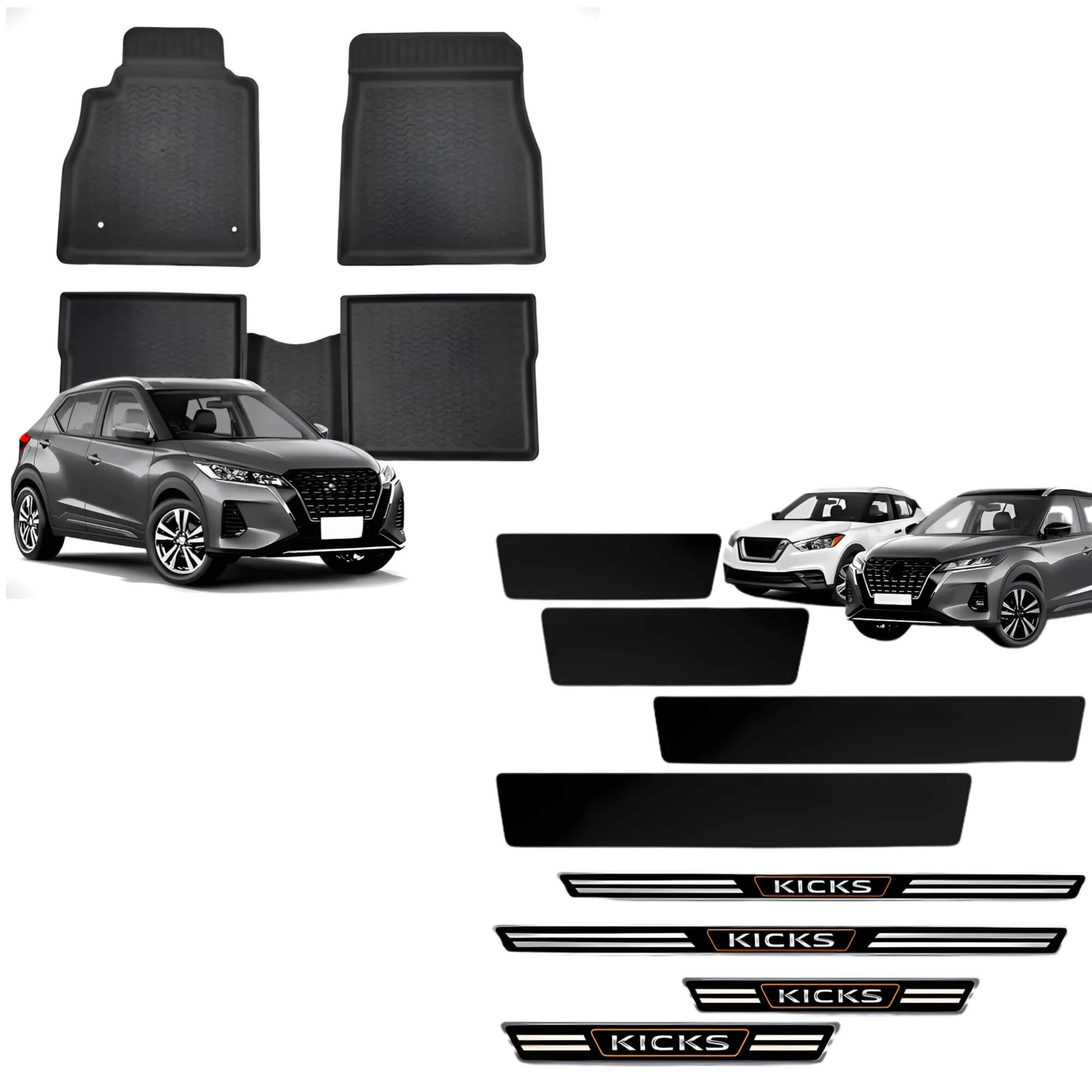 Kit Automotivo Kicks 16: Tapete Bandeja Preto 5 Peças + Soleira Adesiva Proteção 4 Portas