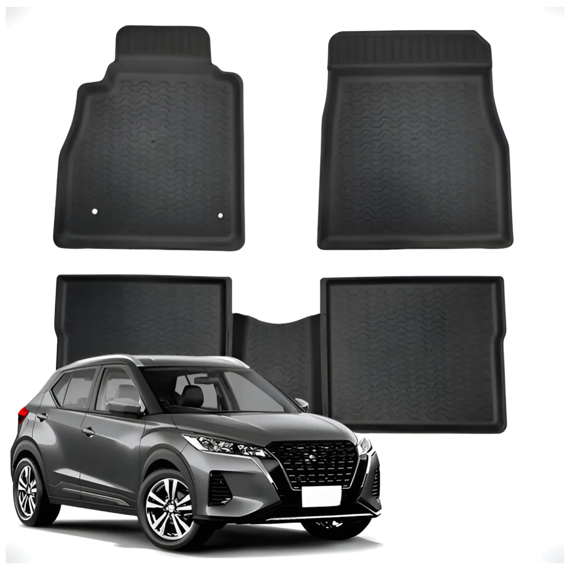 COMP Kit Automotivo Kicks 16: Tapete Bandeja Preto 5 Peças + Soleira Adesiva Proteção 4 Portas