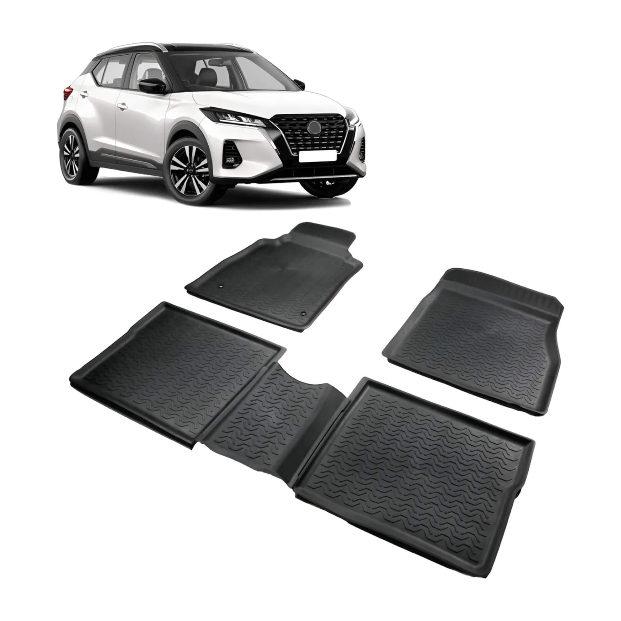 COMP Kit Automotivo Kicks 16: Tapete Bandeja Preto 5 Peças + Soleira Adesiva Proteção 4 Portas