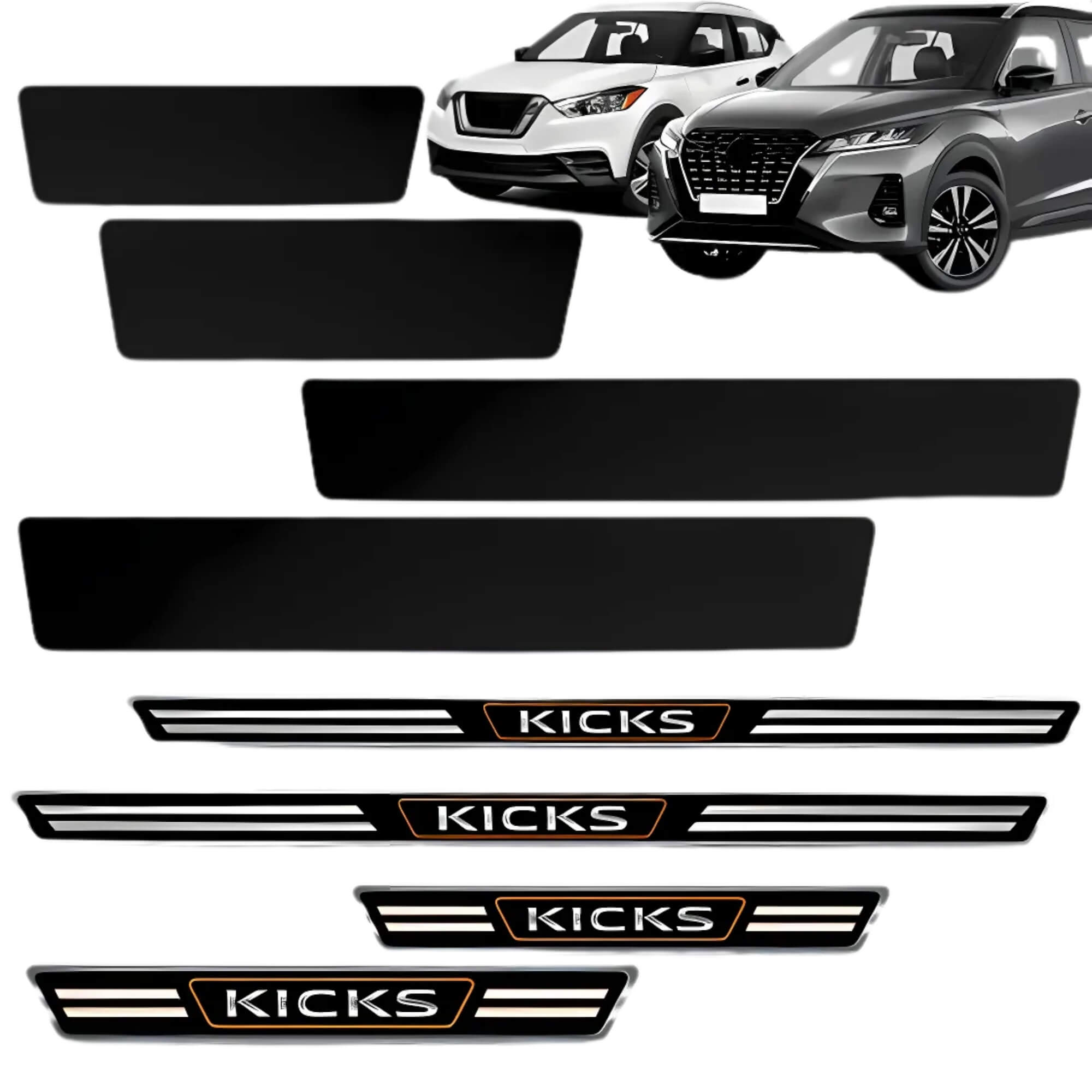 COMP Kit Automotivo Kicks 16: Tapete Bandeja Preto 5 Peças + Soleira Adesiva Proteção 4 Portas