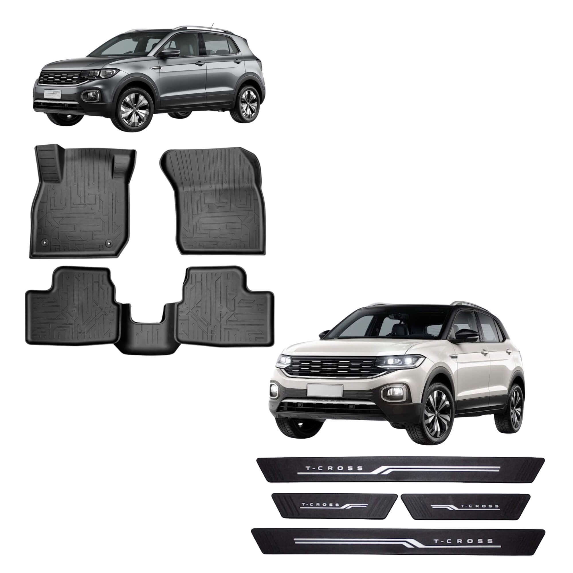 COMP Kit Automotivo T-Cross 4 Portas: Tapete Bandeja Preto 2019 5 Pçs + Soleira Preta 2018 4 Pçs