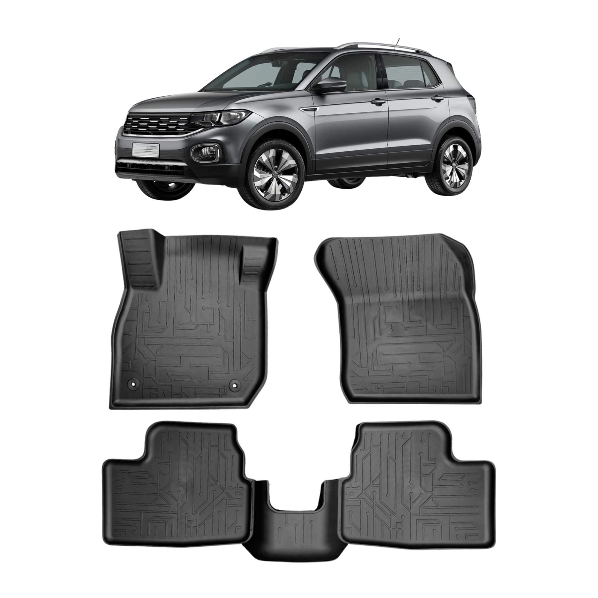 COMP Kit Automotivo T-Cross 4 Portas: Tapete Bandeja Preto 2019 5 Pçs + Soleira Preta 2018 4 Pçs