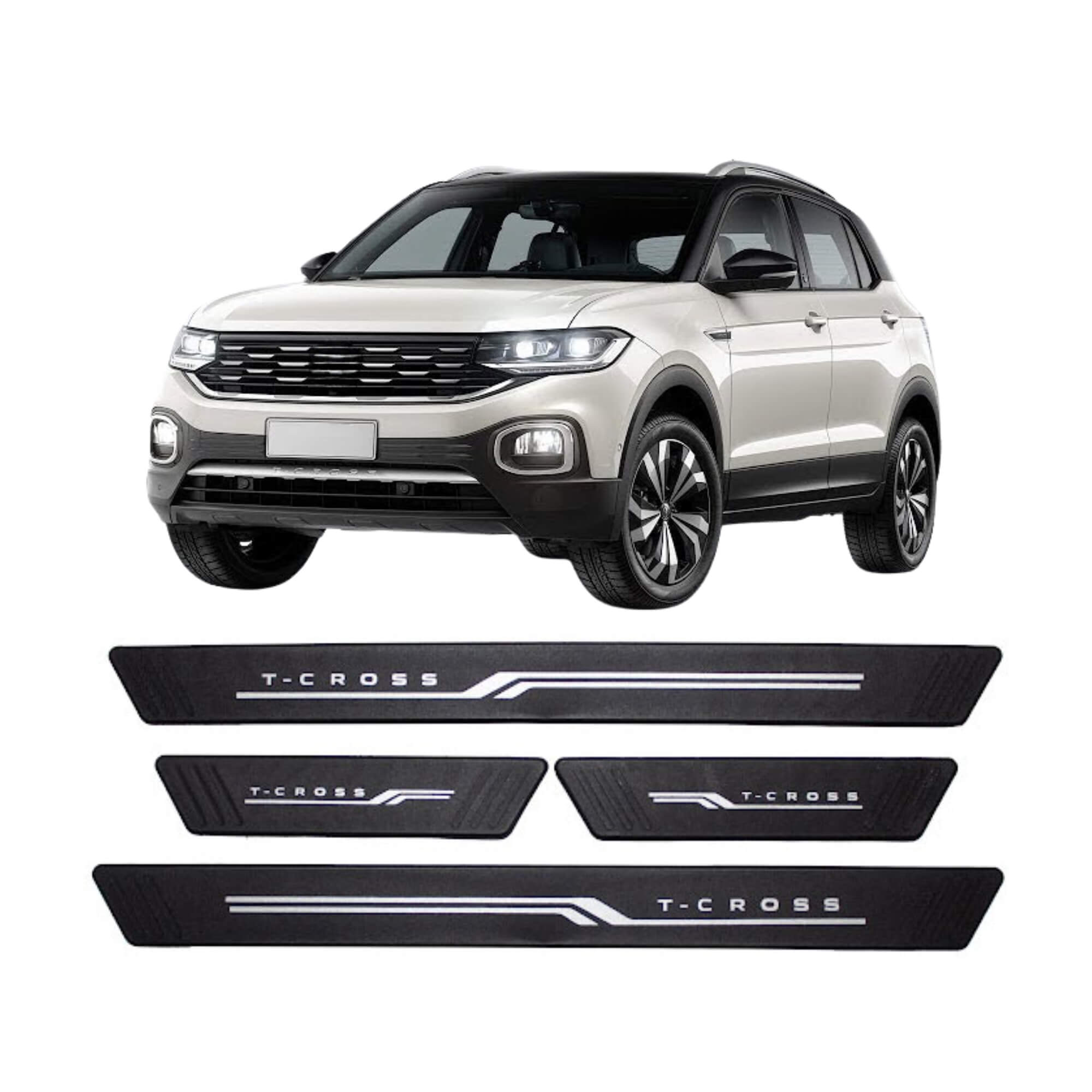 COMP Kit Automotivo T-Cross 4 Portas: Tapete Bandeja Preto 2019 5 Pçs + Soleira Preta 2018 4 Pçs