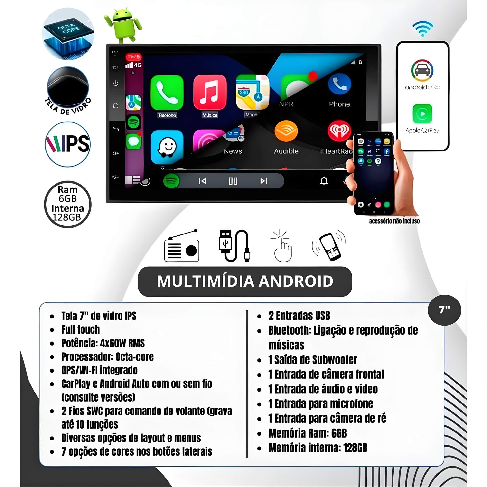 COMP Kit Multimidia Renegade 7 Polegadas QLED Carplay e Android Auto Sem Fio - HT-9760CA