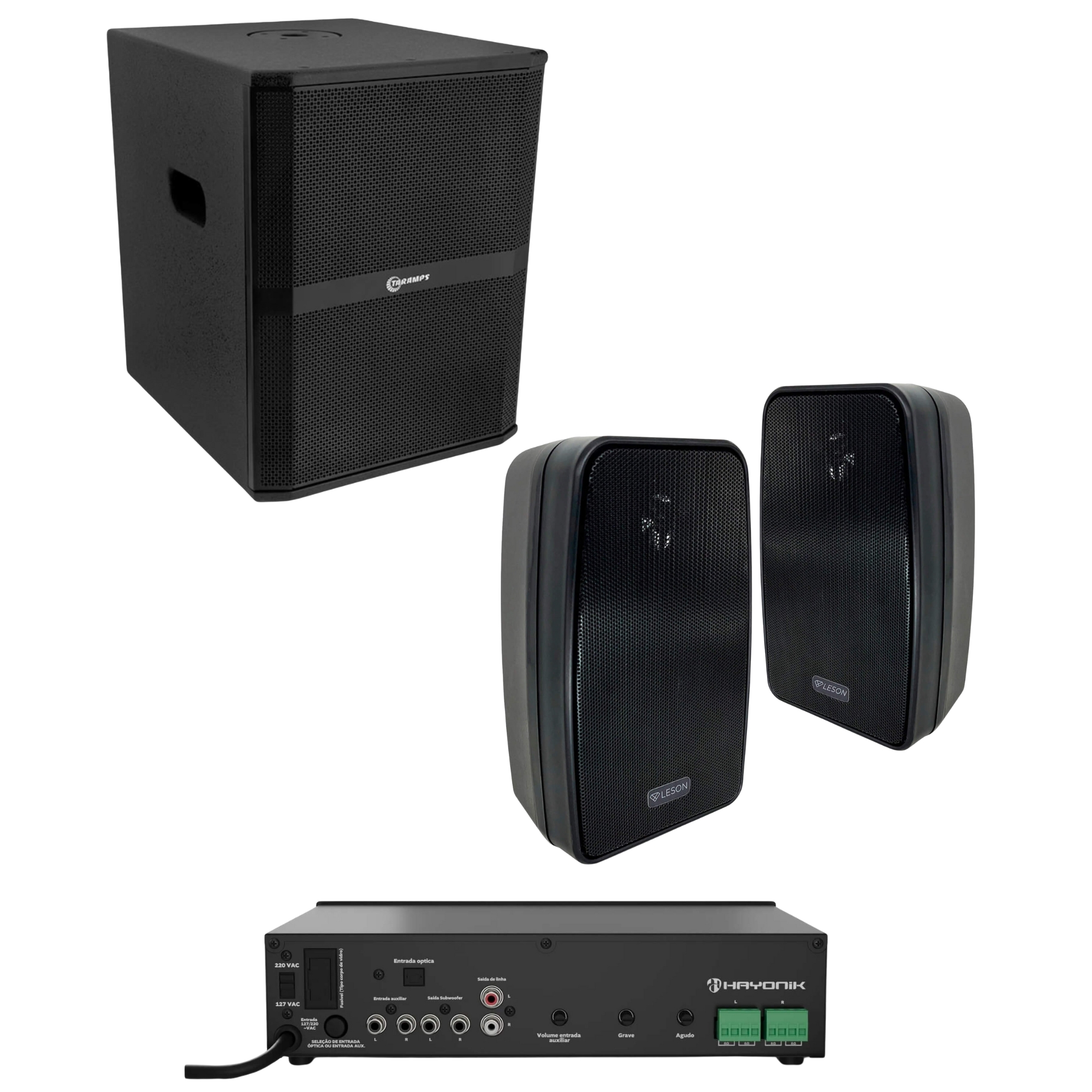 COMP Kit Completo de Áudio: Caixas de Som e Amplificador - Taramps, Hayonik e Leson