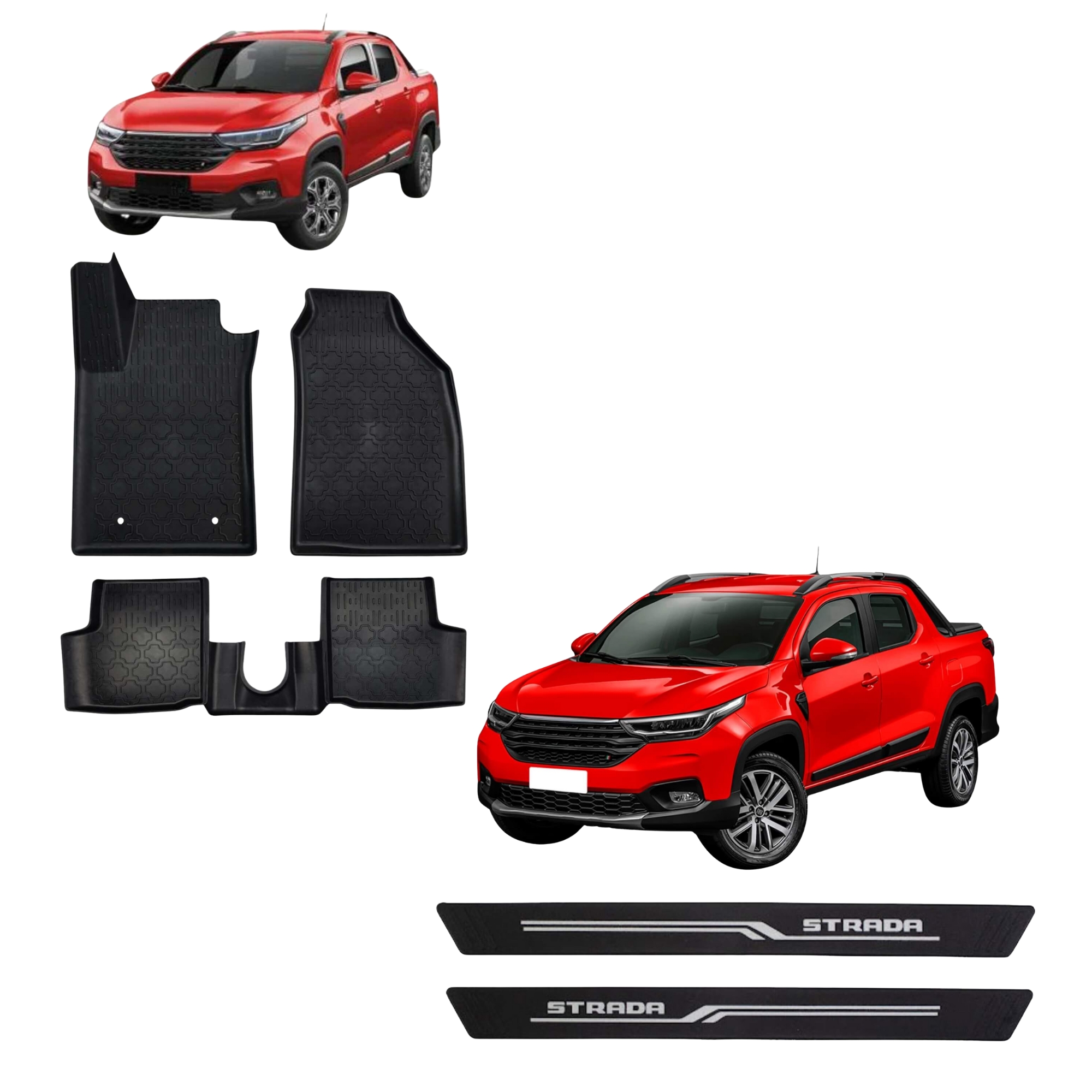 Kit de Acessórios para Fiat Strada: Tapete Bandeja + Soleira Preta - Grid