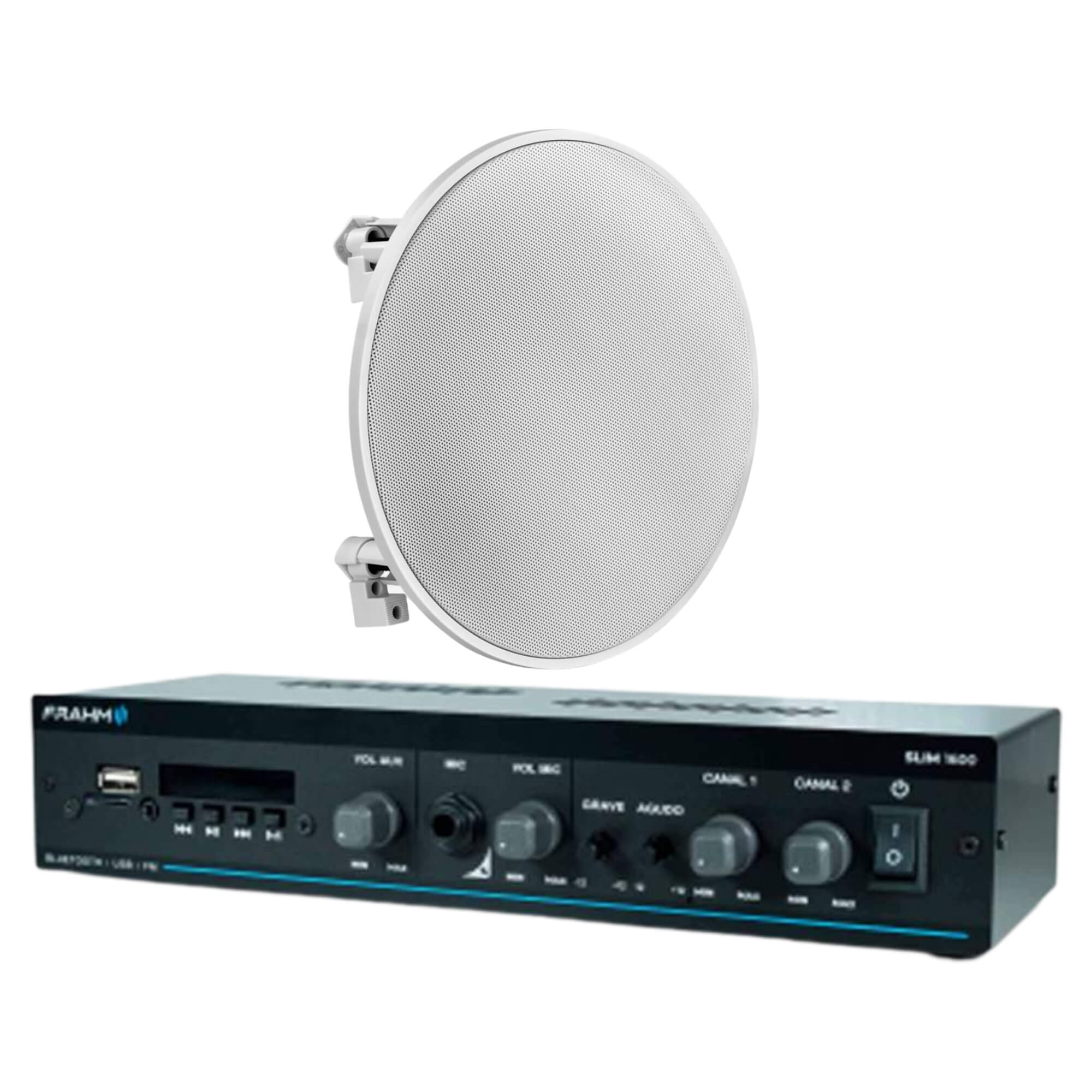 COMP Kit Amplificador Receiver Bluetooth SLIM 1600 + 6 arandelas Redonda Branca