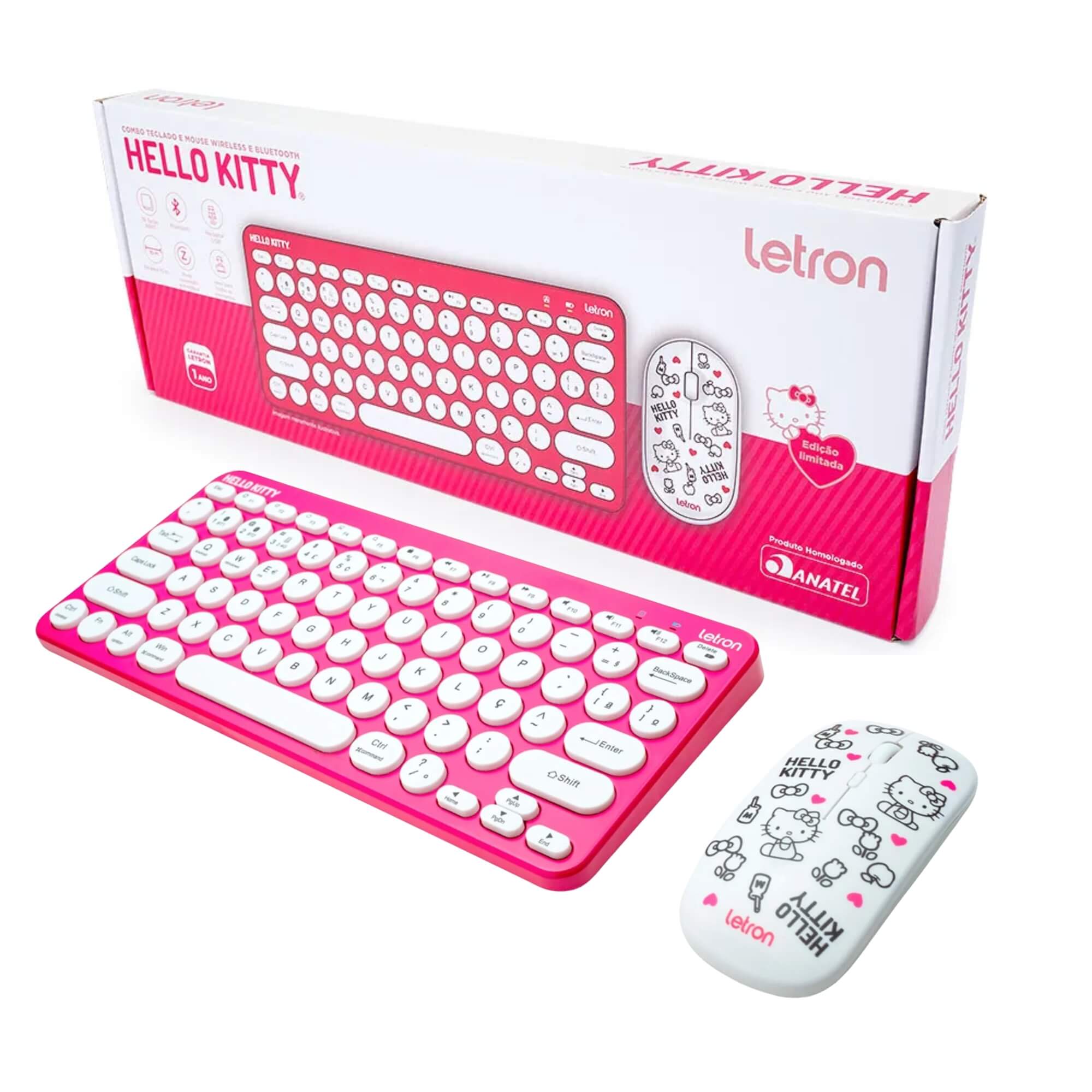 COMP Kit Almofada Formato Huggy Hello Kitty + Kit Teclado e Mouse Sem Fio Hello Kitty