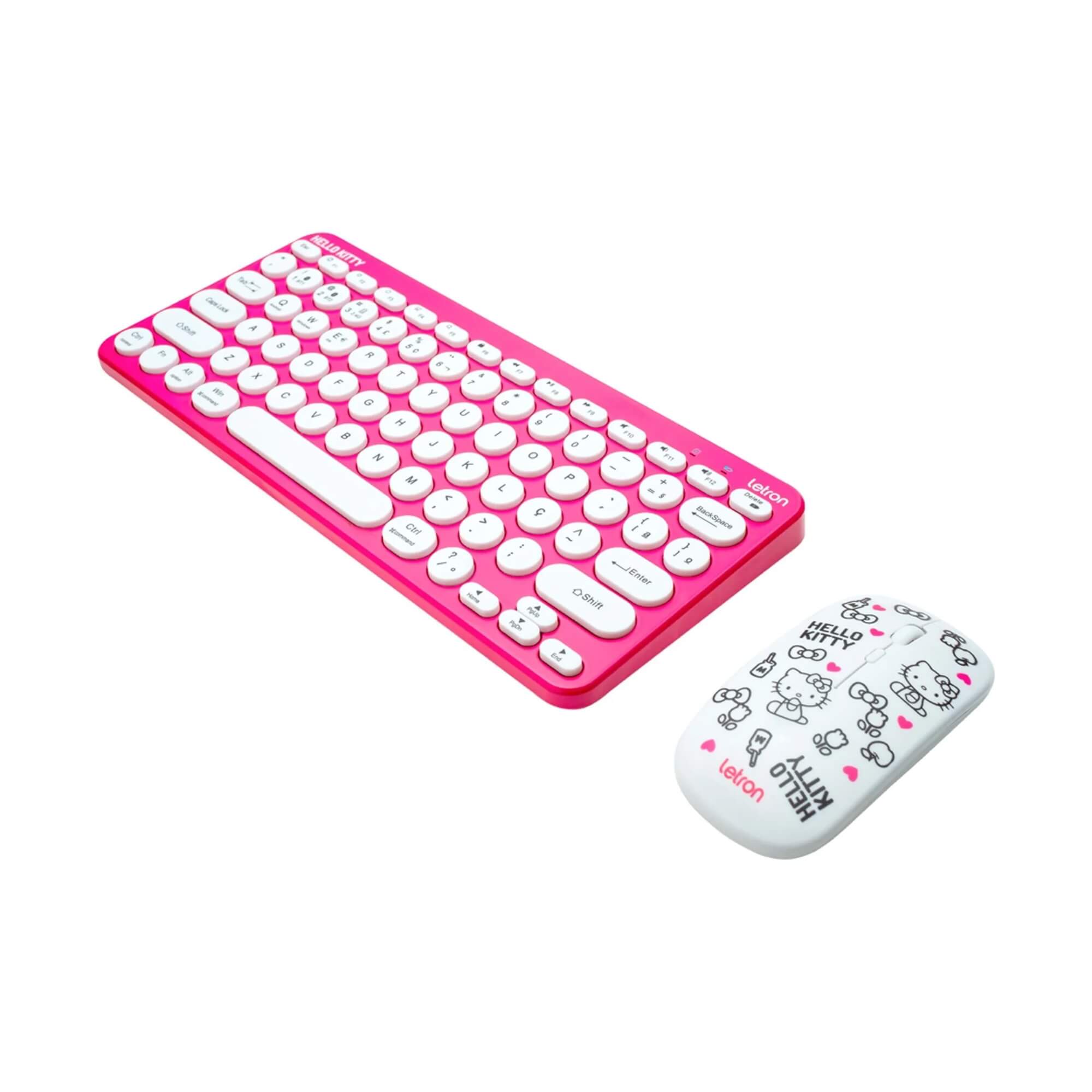 COMP Kit Almofada Formato Huggy Hello Kitty + Kit Teclado e Mouse Sem Fio Hello Kitty