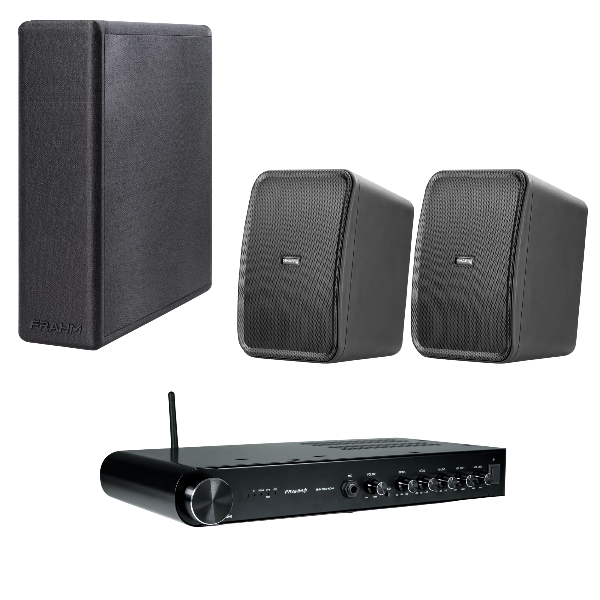 COMP Kit Subwoofer Premium Home Sense + Caixas HS 5" Outdoor + Amplificador Slim 3800 HDMI – Frahm