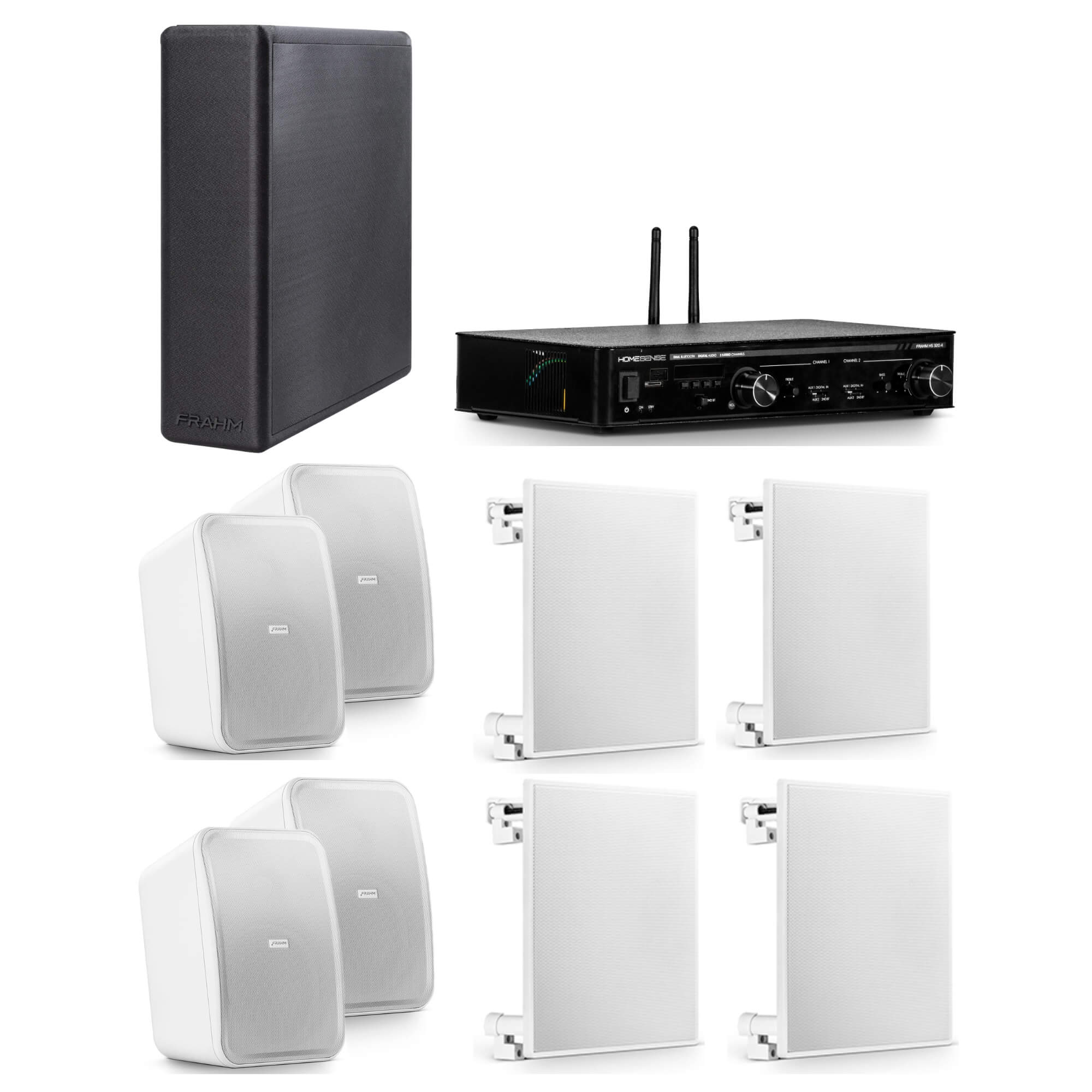 COMP Kit Subwoofer 8" + Amplificador Receiver + 2 Pares de Caixas Outdoor + 4 Arandelas  6" 100W