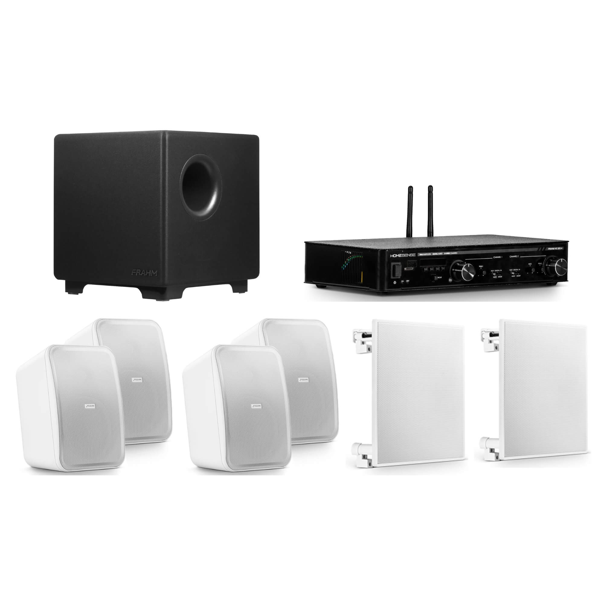 Kit Subwoofer 10" Wireless + Amplificador Receiver + 2 Pares de Caixas Outdoor + 2 Arandelas