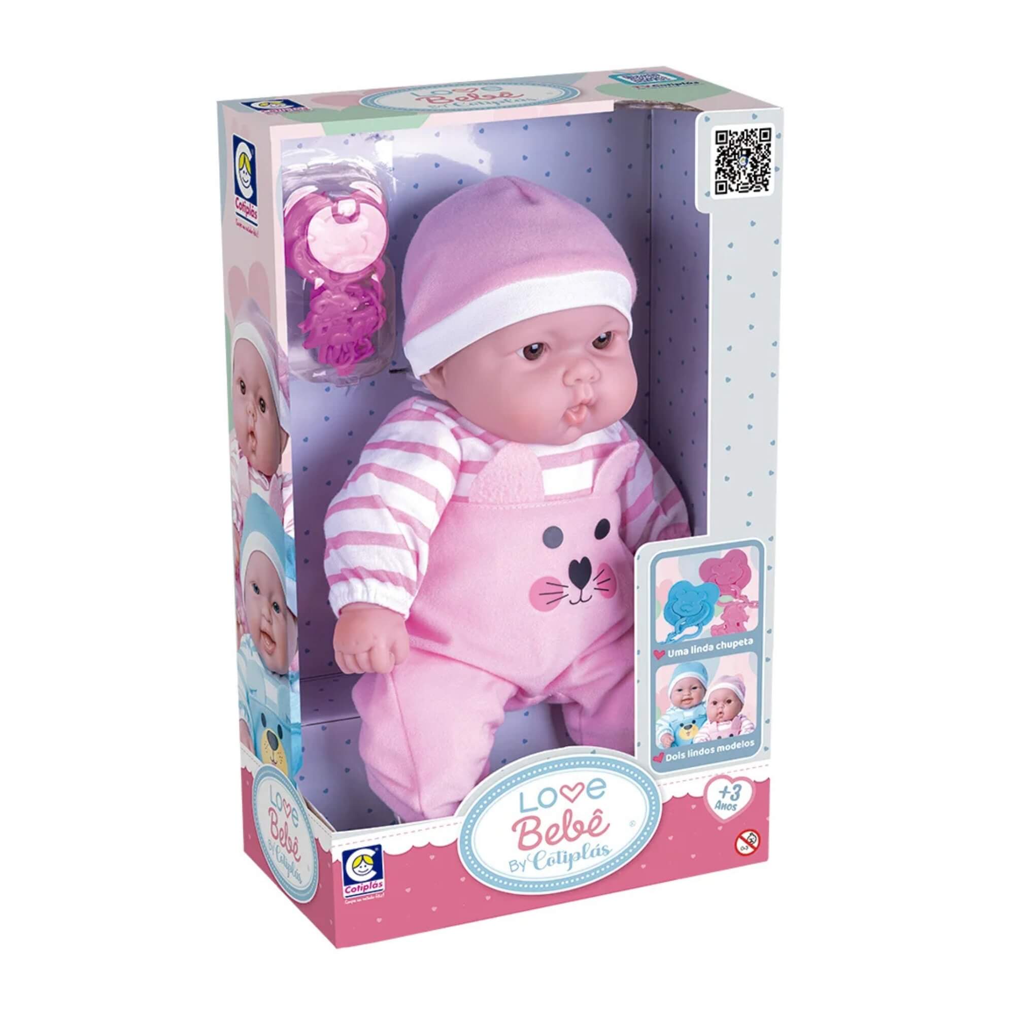 COMP Kit Brinquedos Infantis: Boneca Love + Carrinho Ninos Rosa Plástico com Capota Regulável