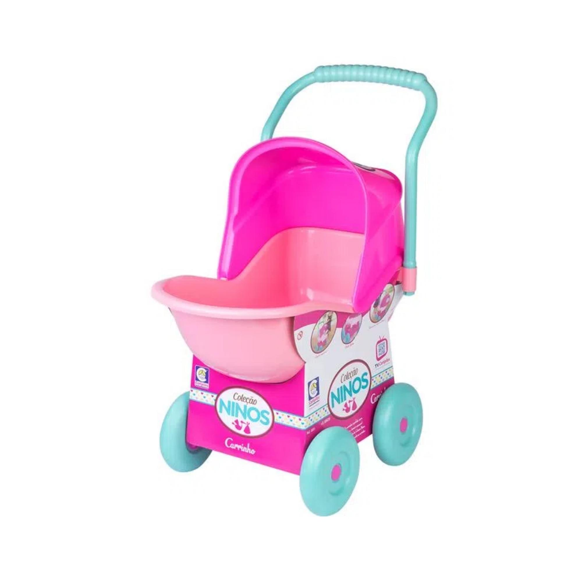 COMP Kit Brinquedos Infantis: Boneca Love + Carrinho Ninos Rosa Plástico com Capota Regulável