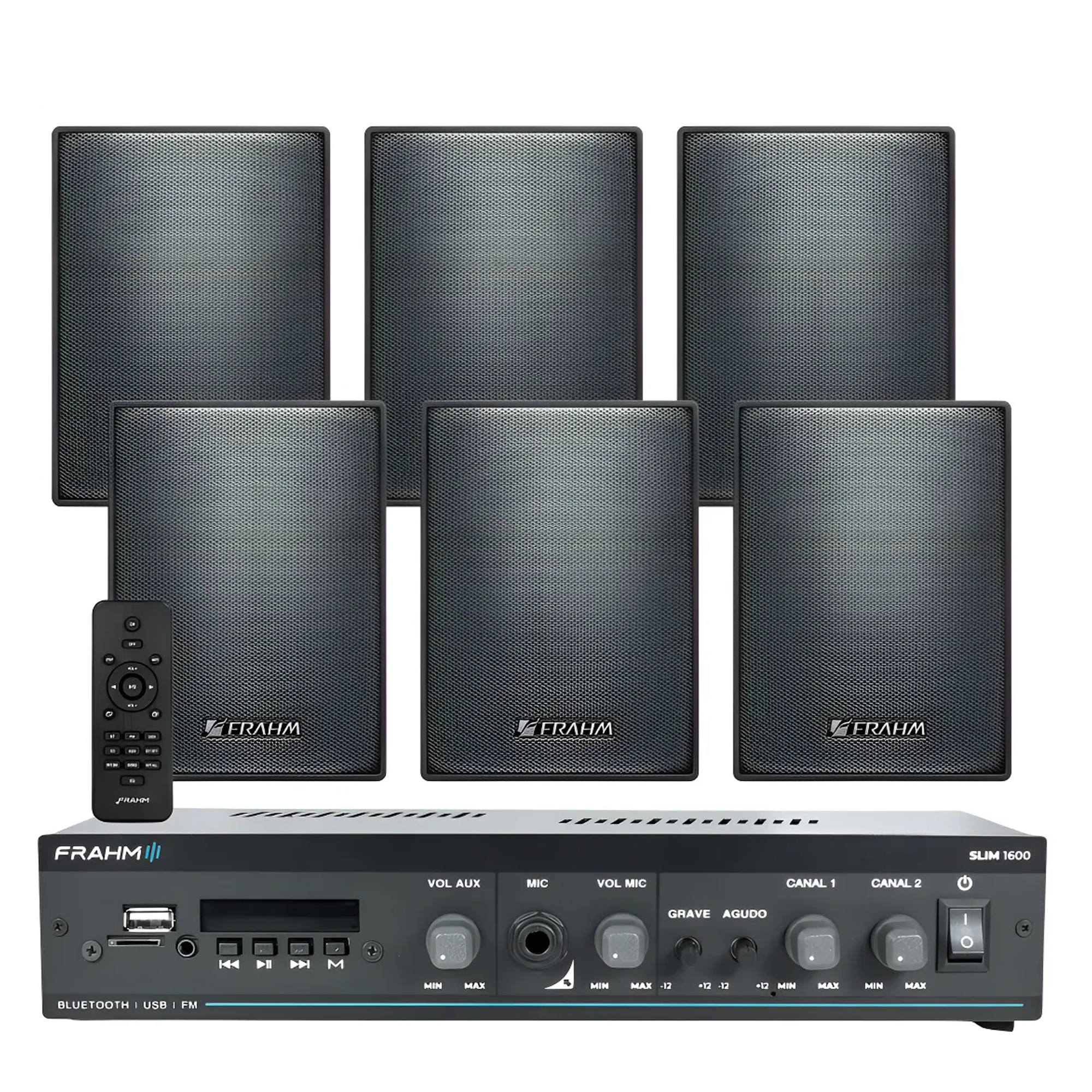 COMP Kit Amplificador Frahm SLIM 1600 G5 60W Bluetooth 5.0 + 6 Caixas PS 200 Preta Frahm