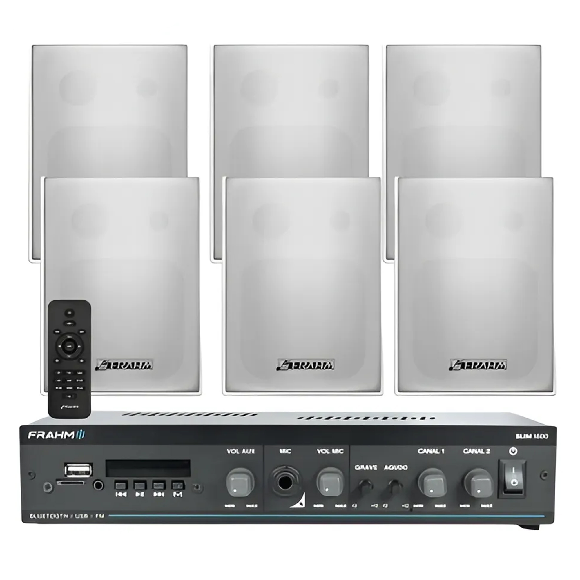 COMP Kit Amplificador Frahm SLIM 1600 G5 60W Bluetooth 5.0 + 6 Caixas PS 200 Branca Frahm
