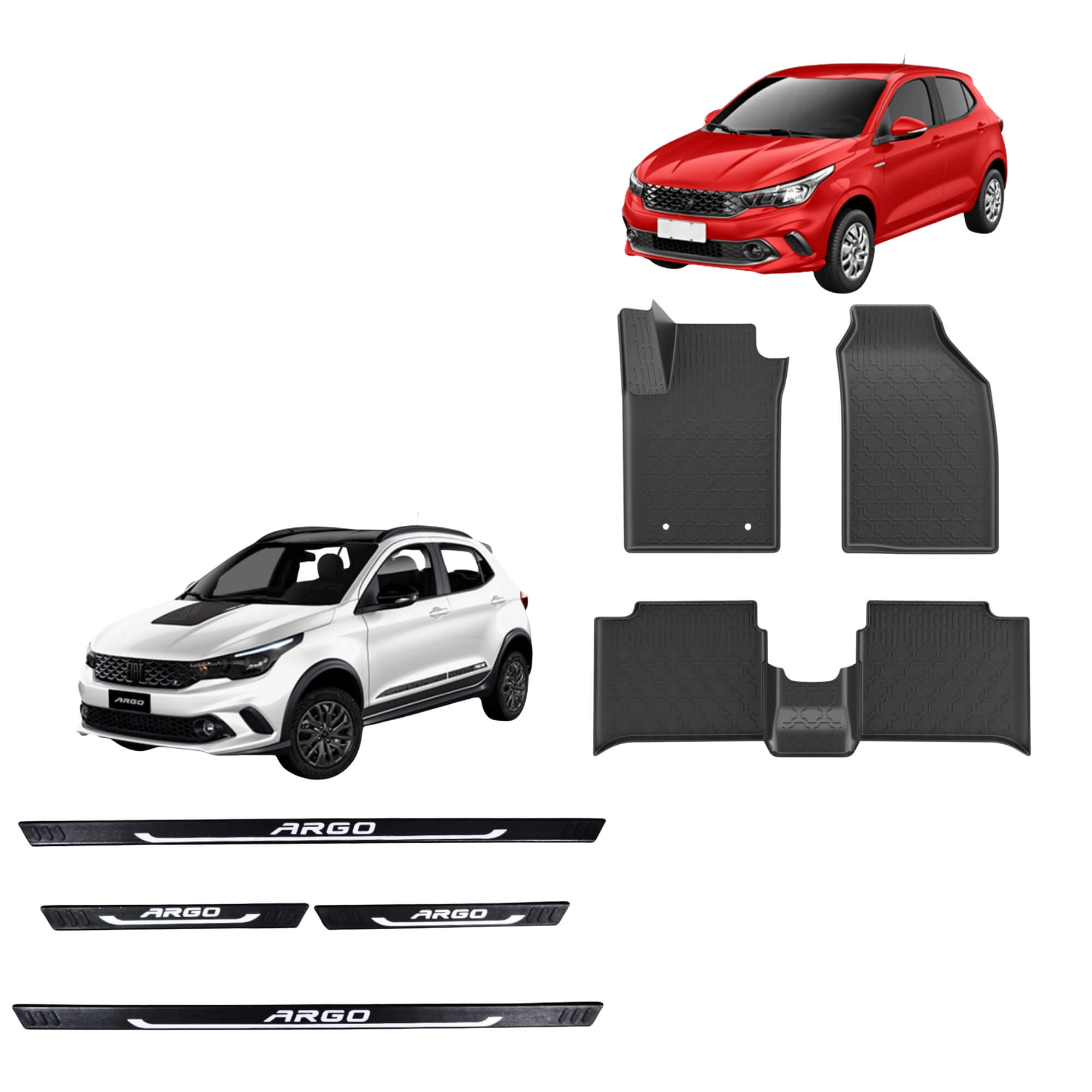 COMP Kit Protetor Essencial Fiat Argo 2017 em diante: Tapete Bandeja 4P + Soleira Preta 4P Grid