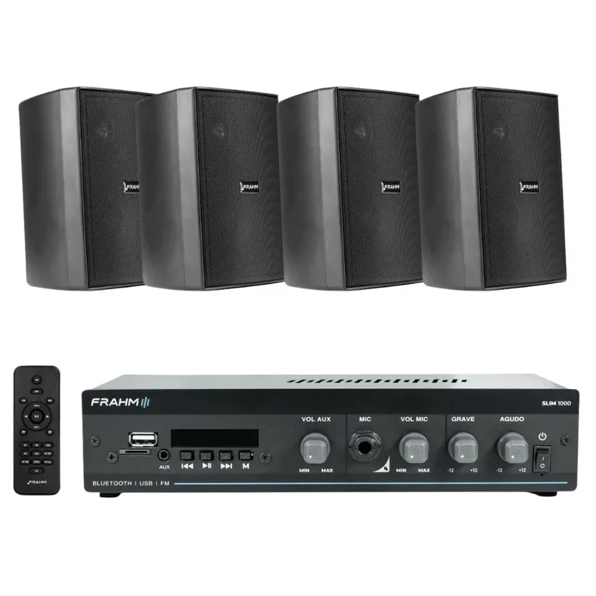 COMP Kit Amplificador Receiver SLIM 1000 G5 + 4 Caixas PS 200 Preta Frahm