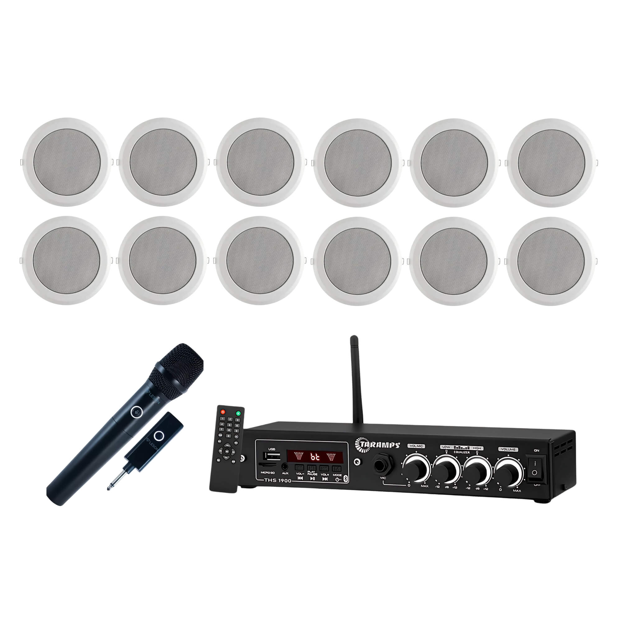 COMP Kit Som Comercial 6 Pares Arandelas LS78-AR Leson + Receiver THS1900 + Microfone AR100