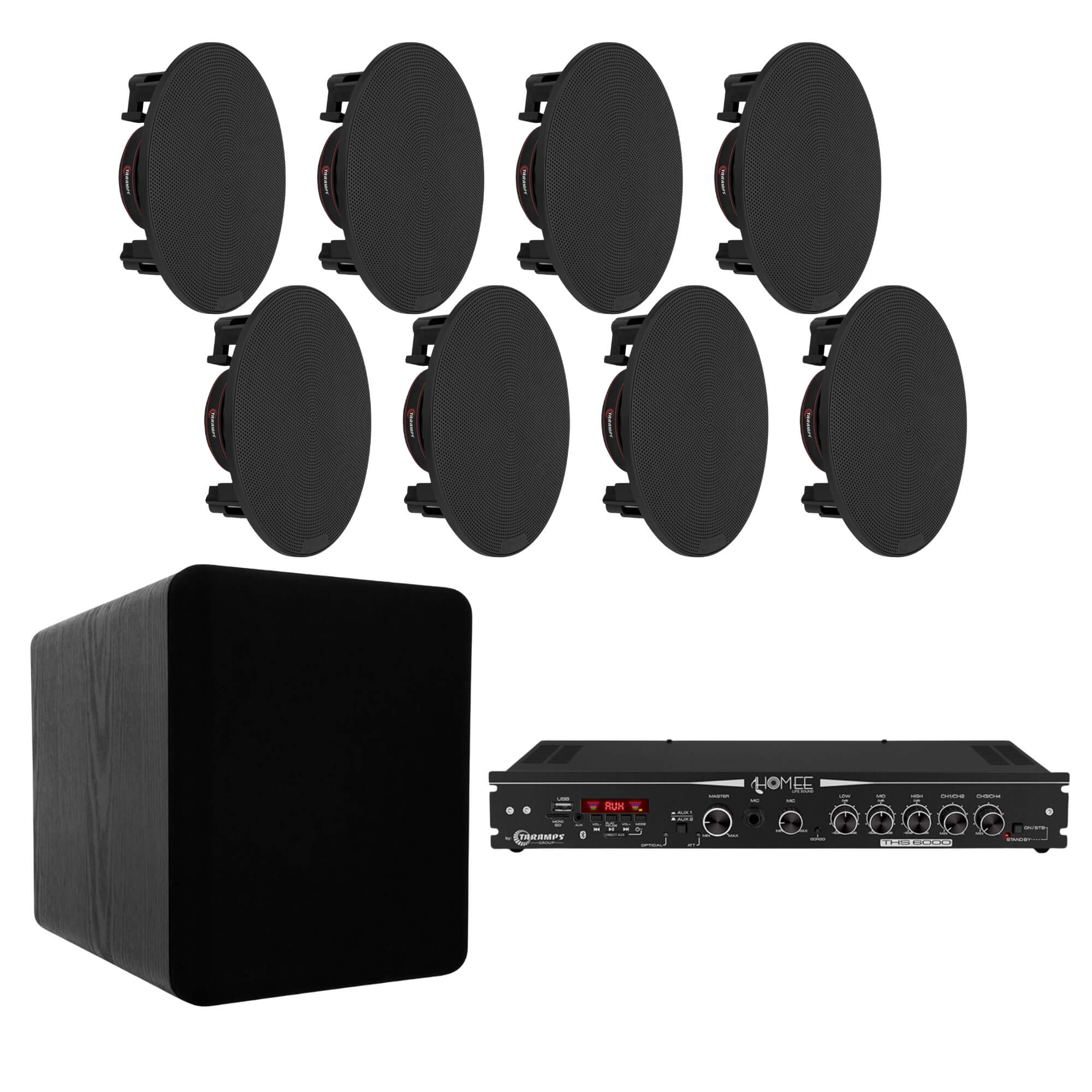 COMP Kit Sistema Som Ambiente Taramps com Subwoofer 400W + Amplificador THS-6000 + 8 Arandelas 6"