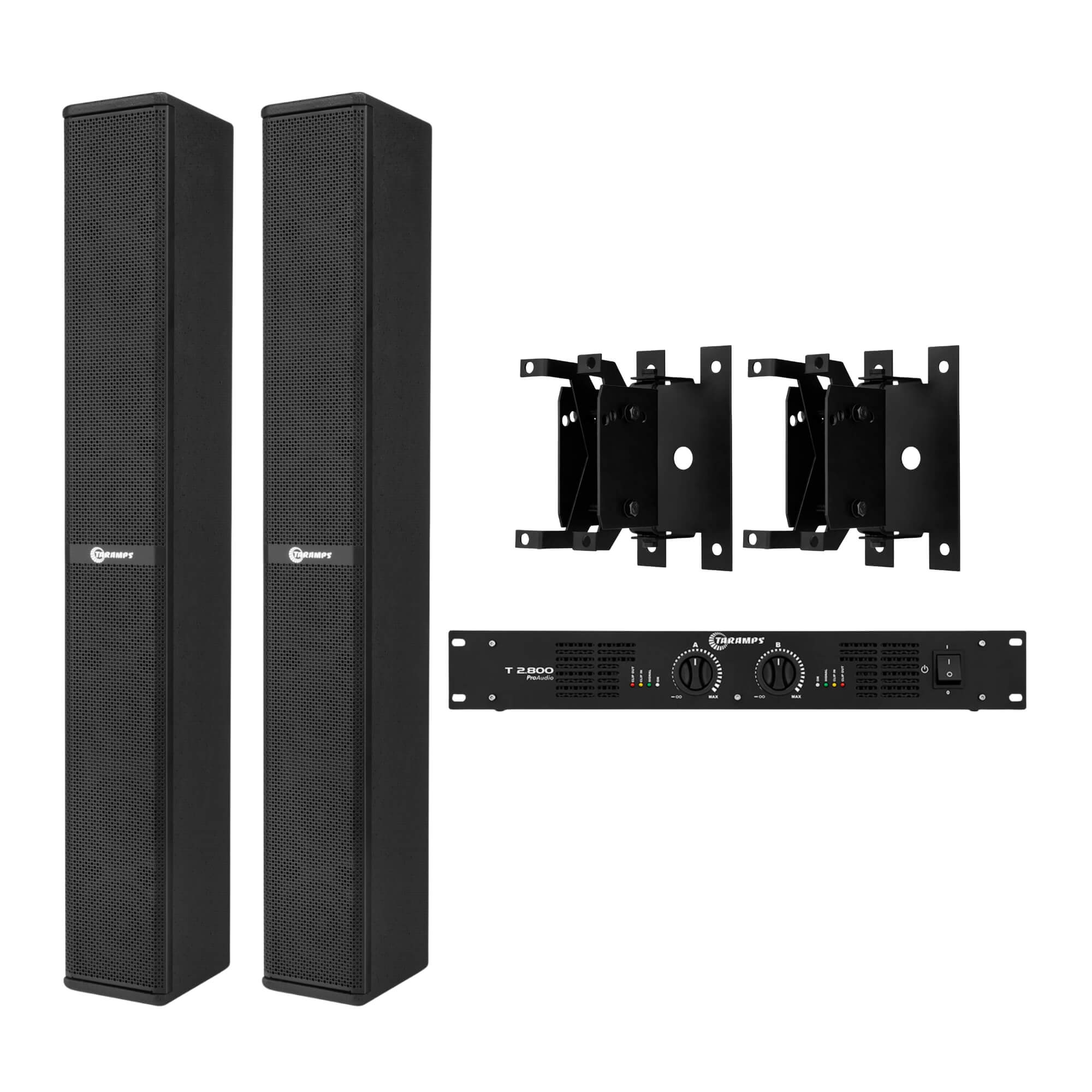 COMP Kit Amplificador T2800 + 2 Caixas de Som Acústica Passiva + 2 Suportes de Fixação