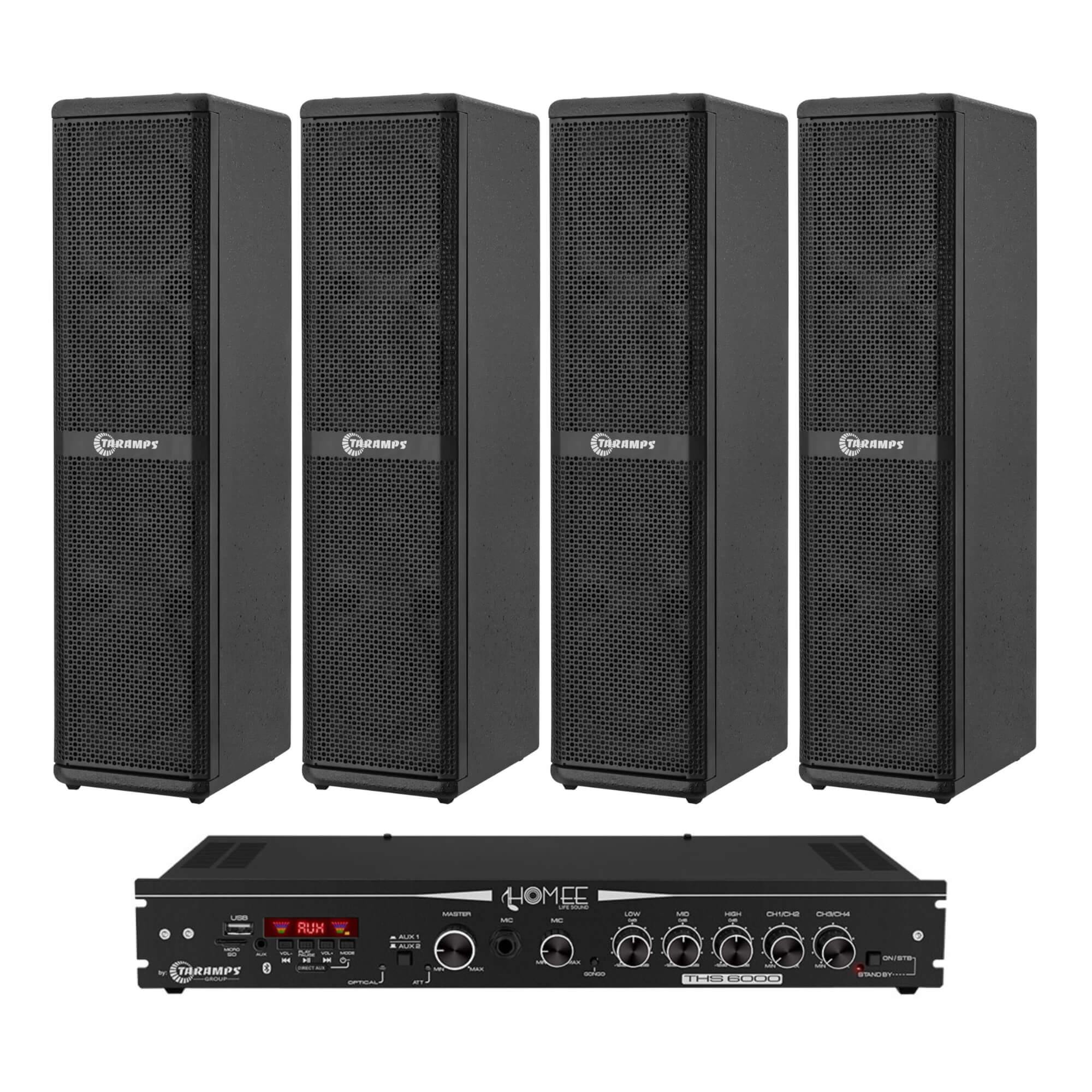 COMP Kit 4 Caixas de Som Passiva Vertical 4" 8 Ohms 200W + Amplificador Receiver 400W RMS Ths-6000