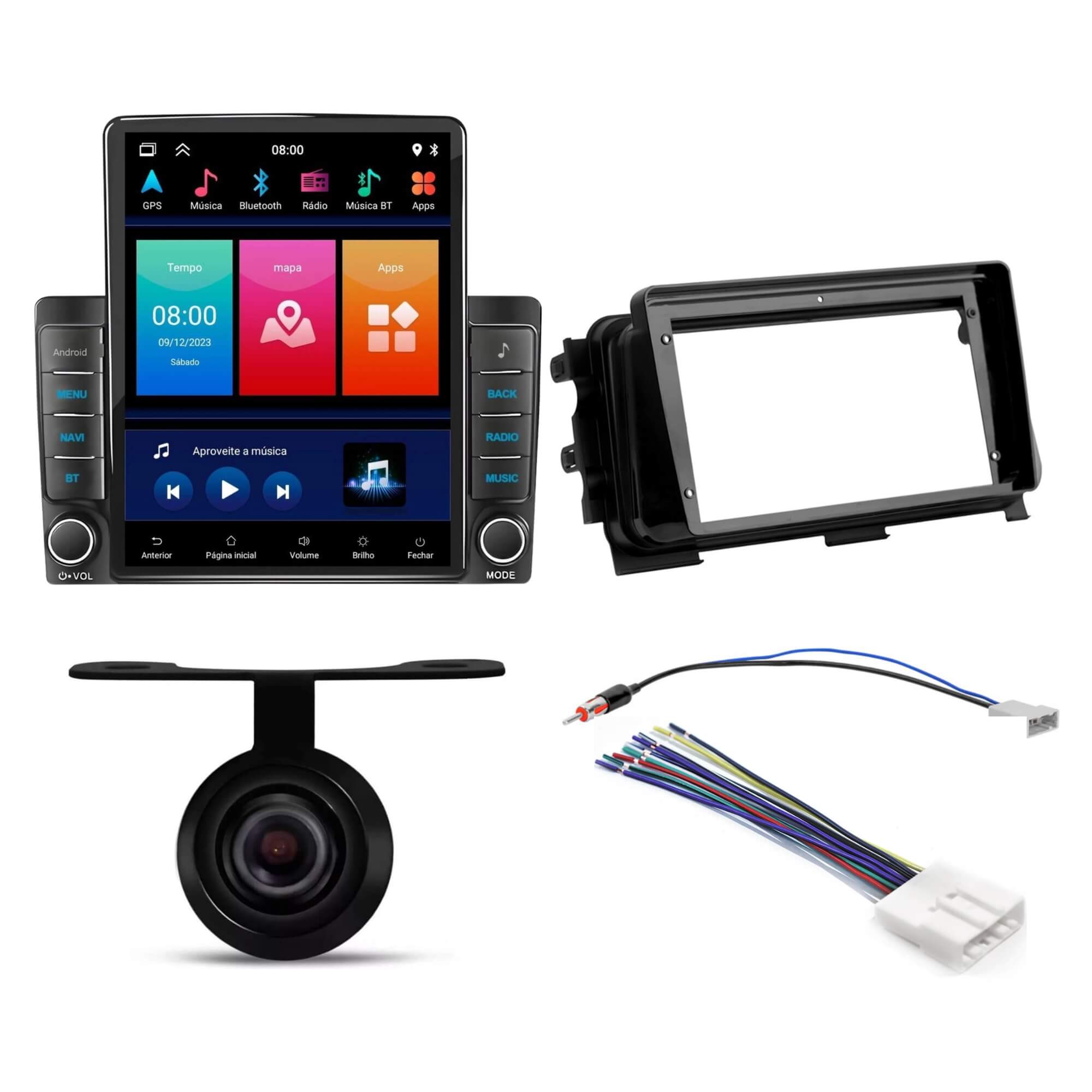 COMP Kit Multimidia Kicks Quad-core Carplay Android Tesla HT-9700CA + Moldura + Câmera + Chicote