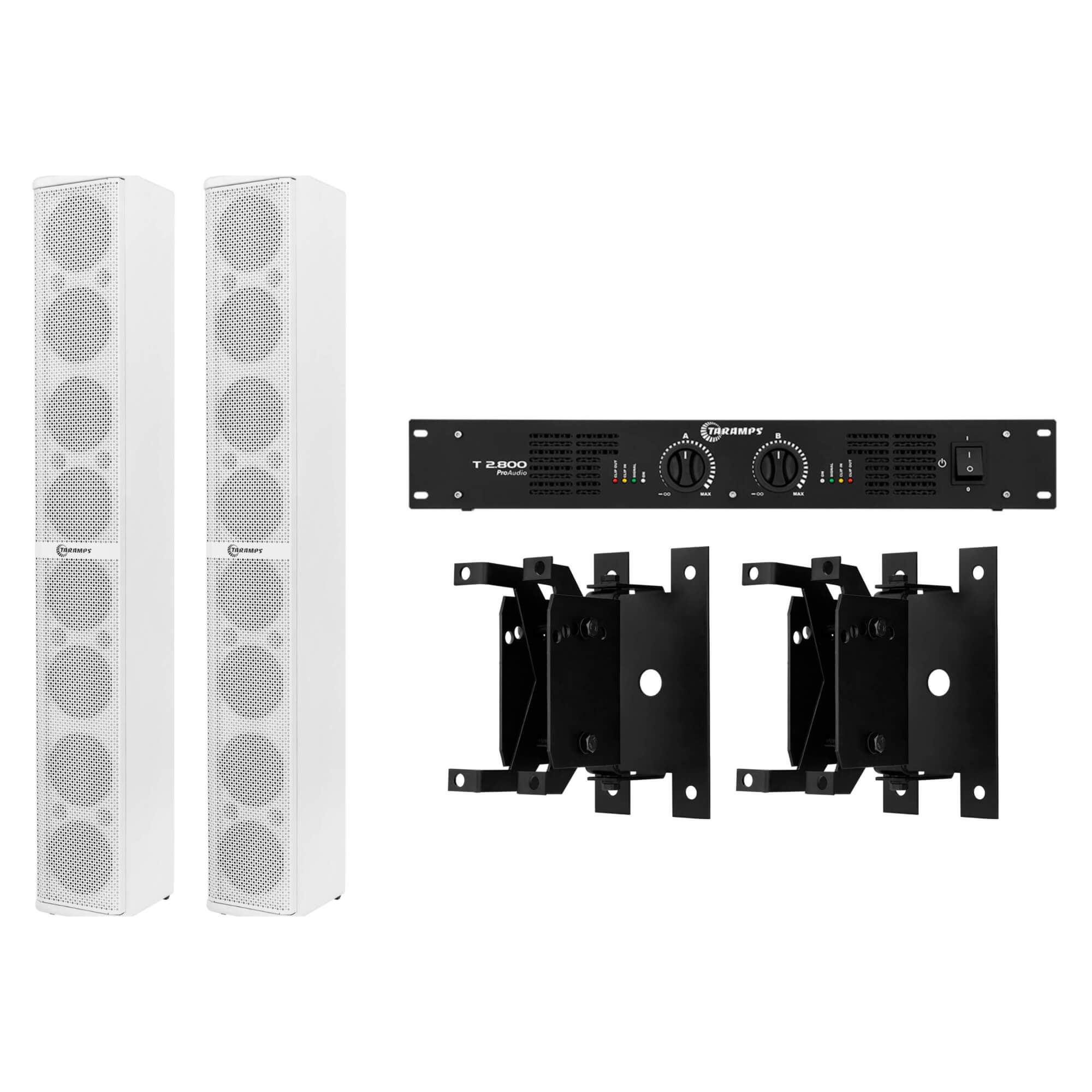 COMP Kit Amplificador 2x400W 4 Ohms + 2 Caixas de Som Passiva 4" Branca + 2 Suportes de Fixação