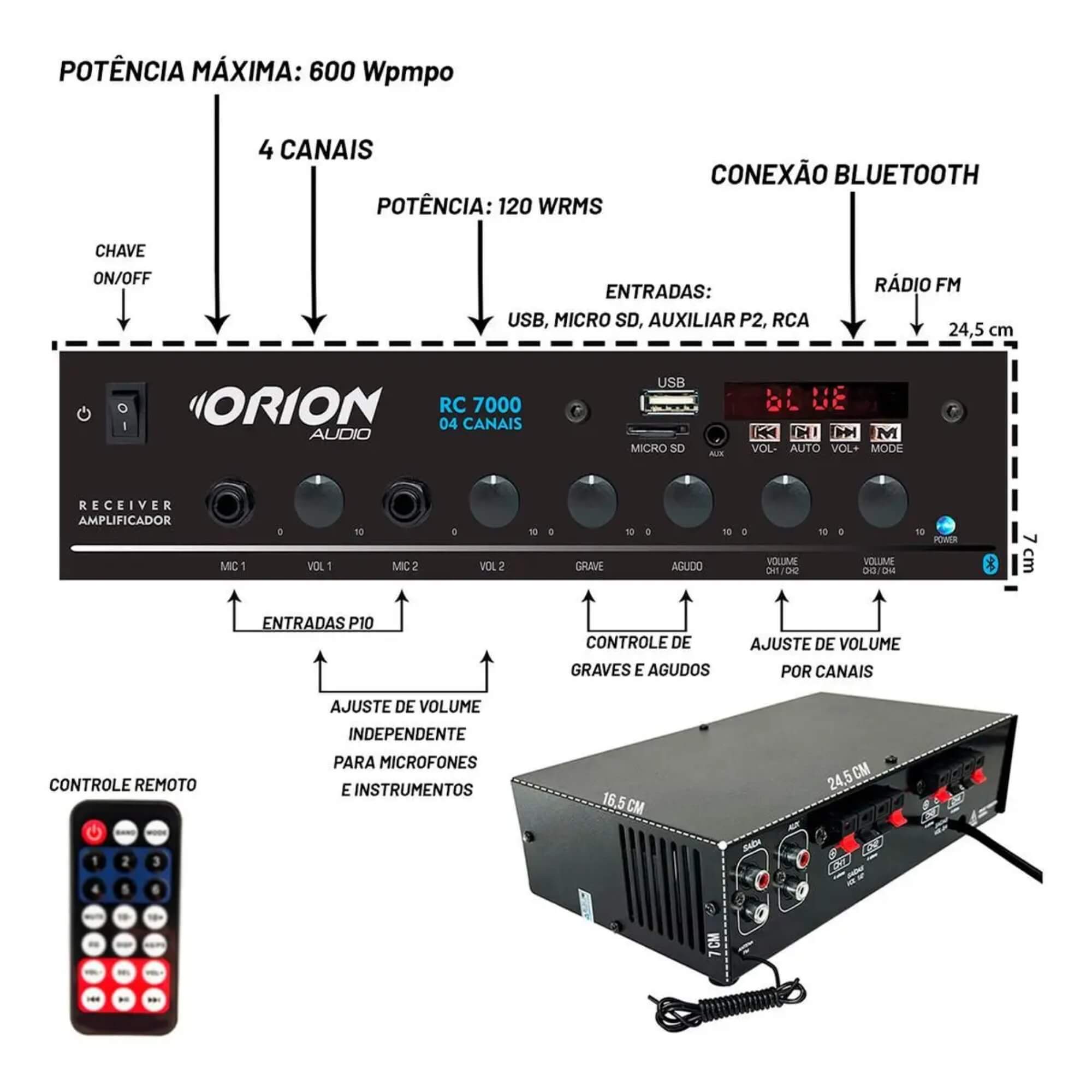COMP Kit Som Ambiente 500w Embutir 8 Arandelas Quadradas Pretas - Leson
