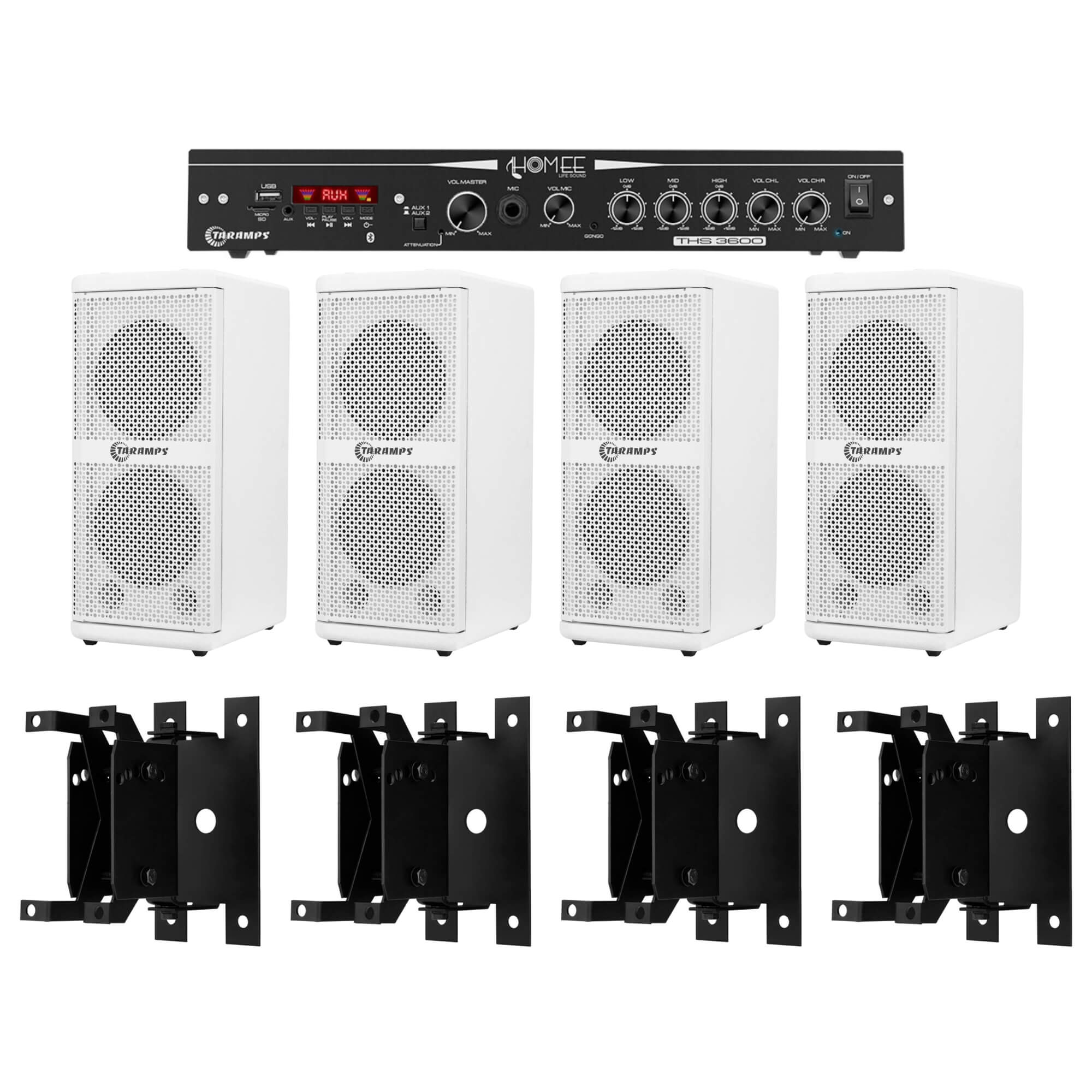 COMP Kit Amplificador Receiver 120W + 4 Caixas Acústicas Passiva Vertical 4" + 4 Suportes