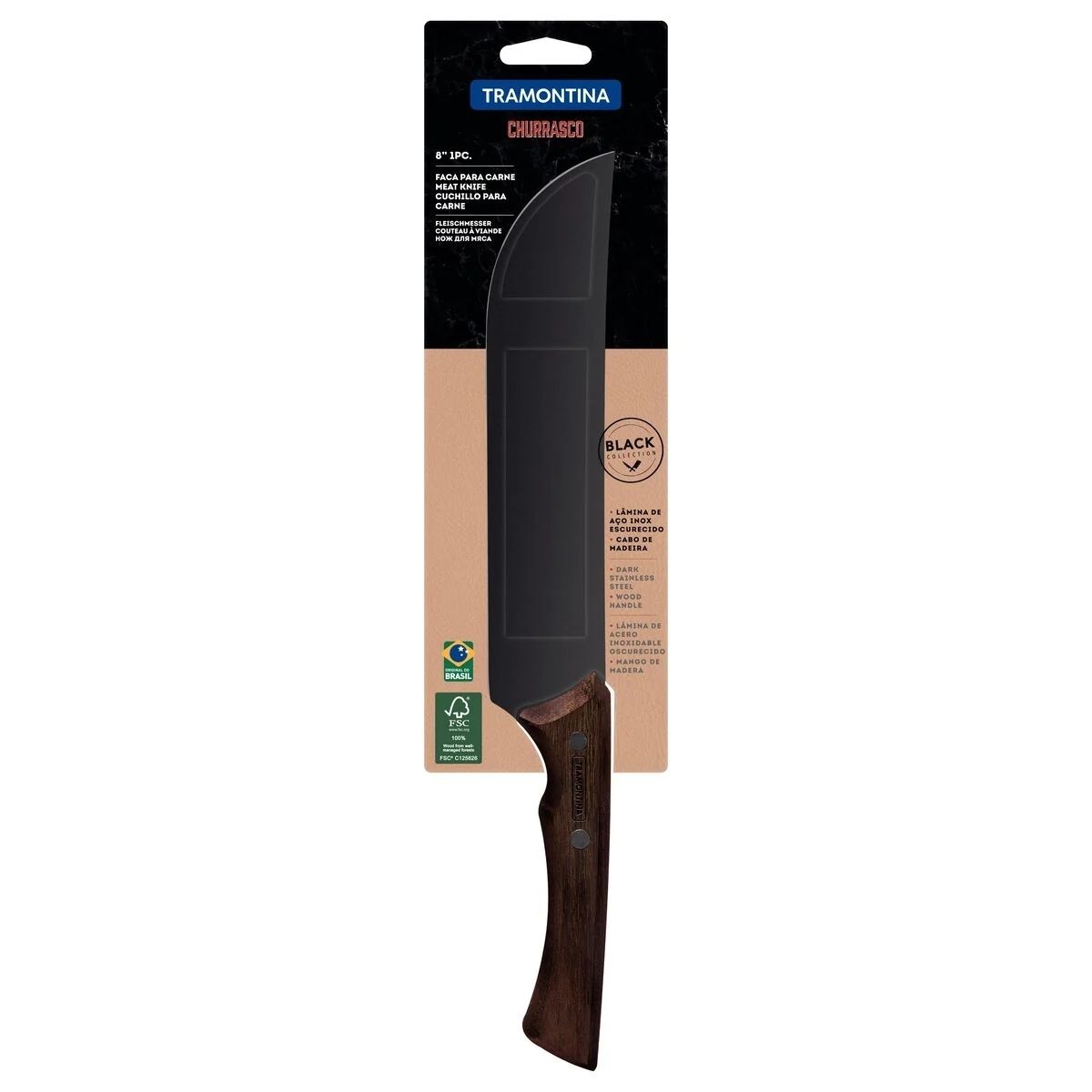 COMP Kit Churrasco: Tábua de Corte Polipropileno + Faca p/ Carne 8" Lâmina Inox e Cabo de Madeira