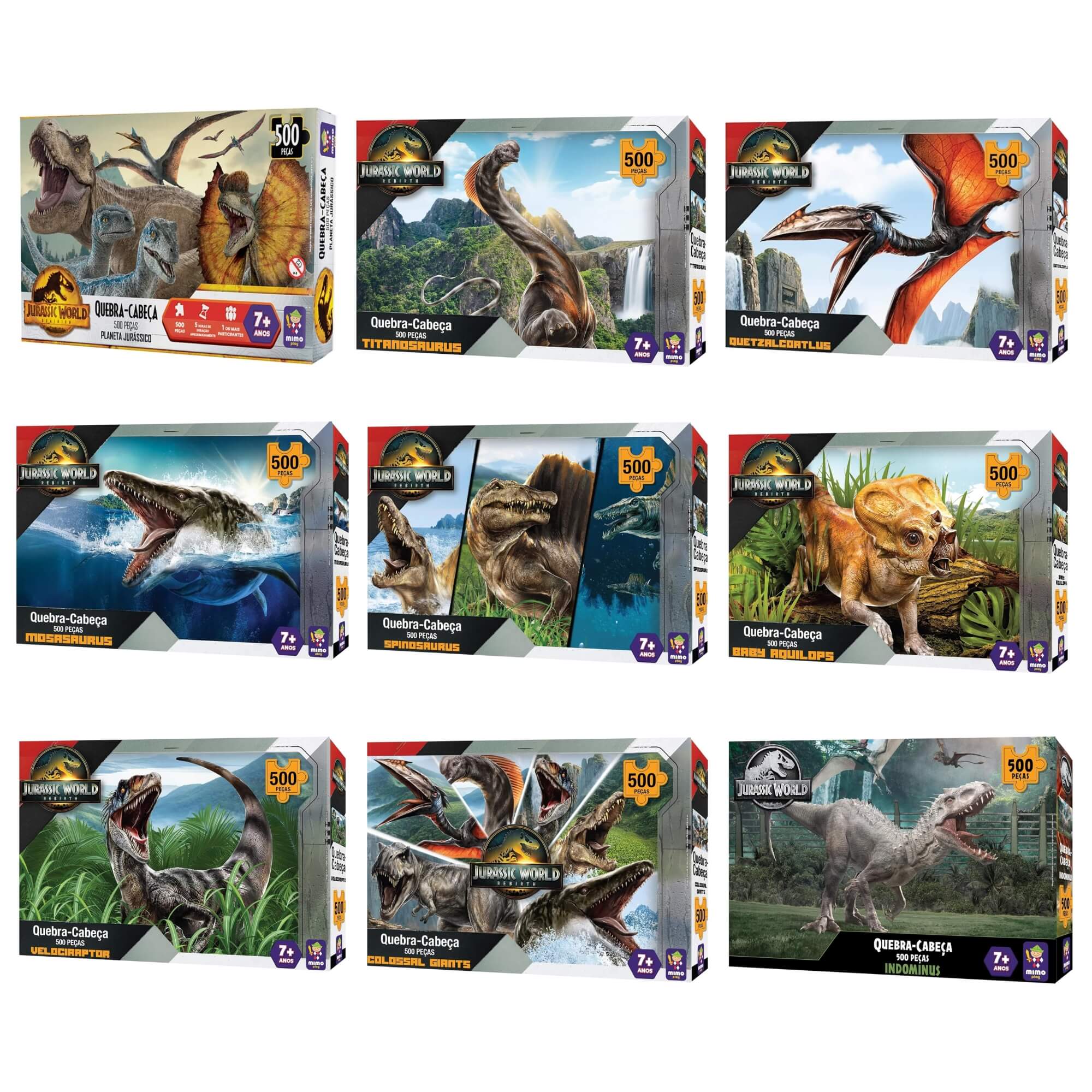 Kit Completo com 9 Quebra Cabeças de 500 Peças Jurassic World