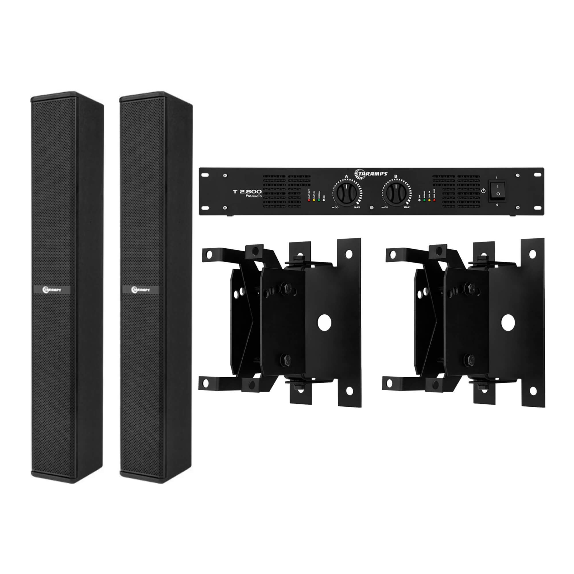 COMP Kit Amplificador 2 x 400W 4 Ohms + 2 Caixas de Som 4 Ohms 400W + 2 Suportes de Fixação