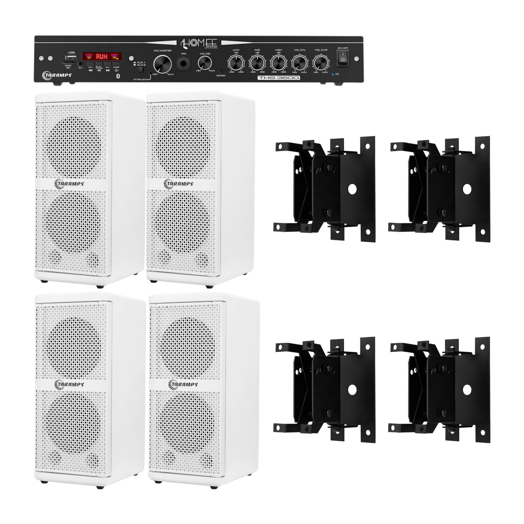 COMP Kit Amplificador Receiver 120W RMS + 4 Caixas de Som 8 Ohms 100W + 4 Suportes de Fixação