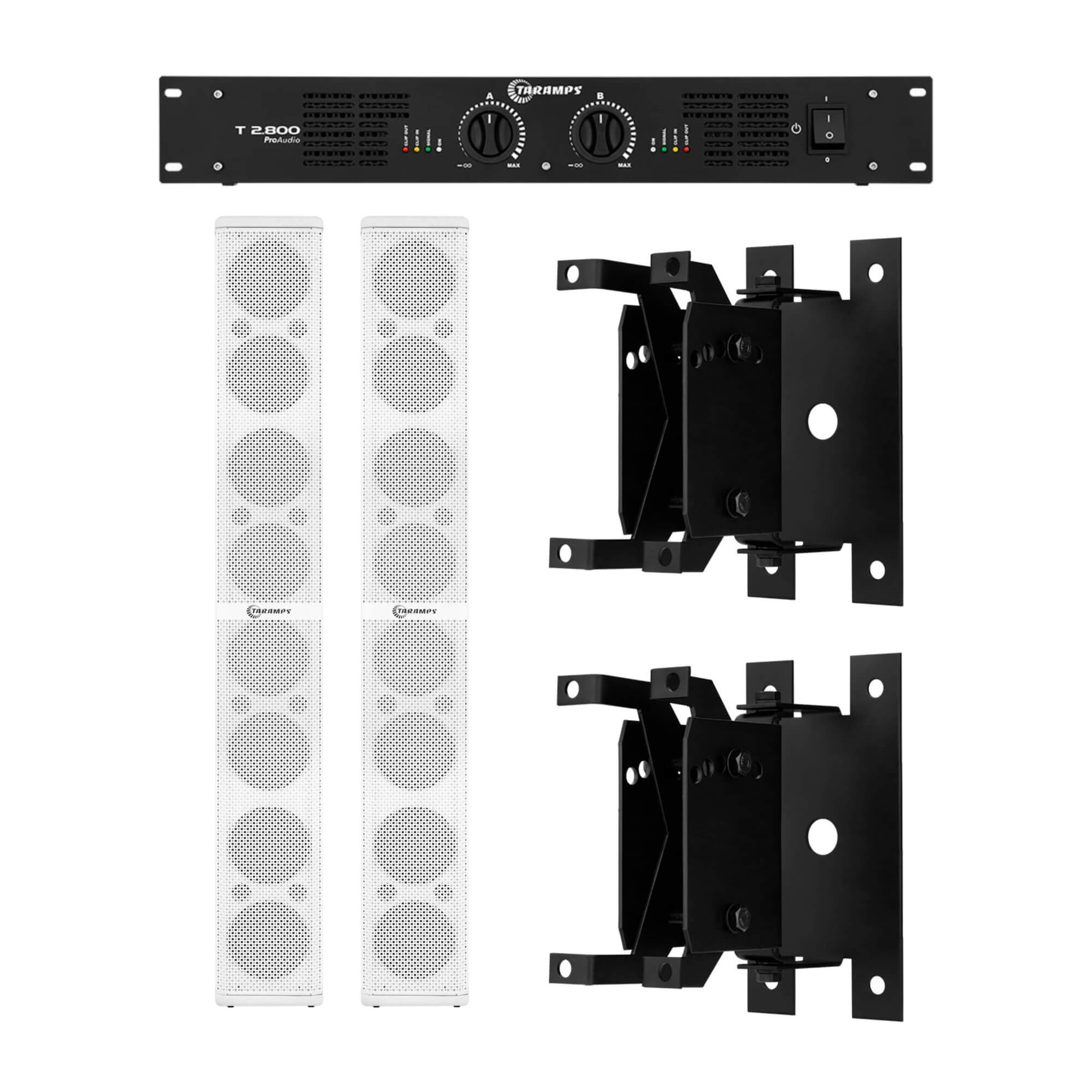 COMP Kit Amplificador 2 x 400W 4 Ohms + 2 Caixas de Som Passiva 4" 400W Branca + 2 Suportes