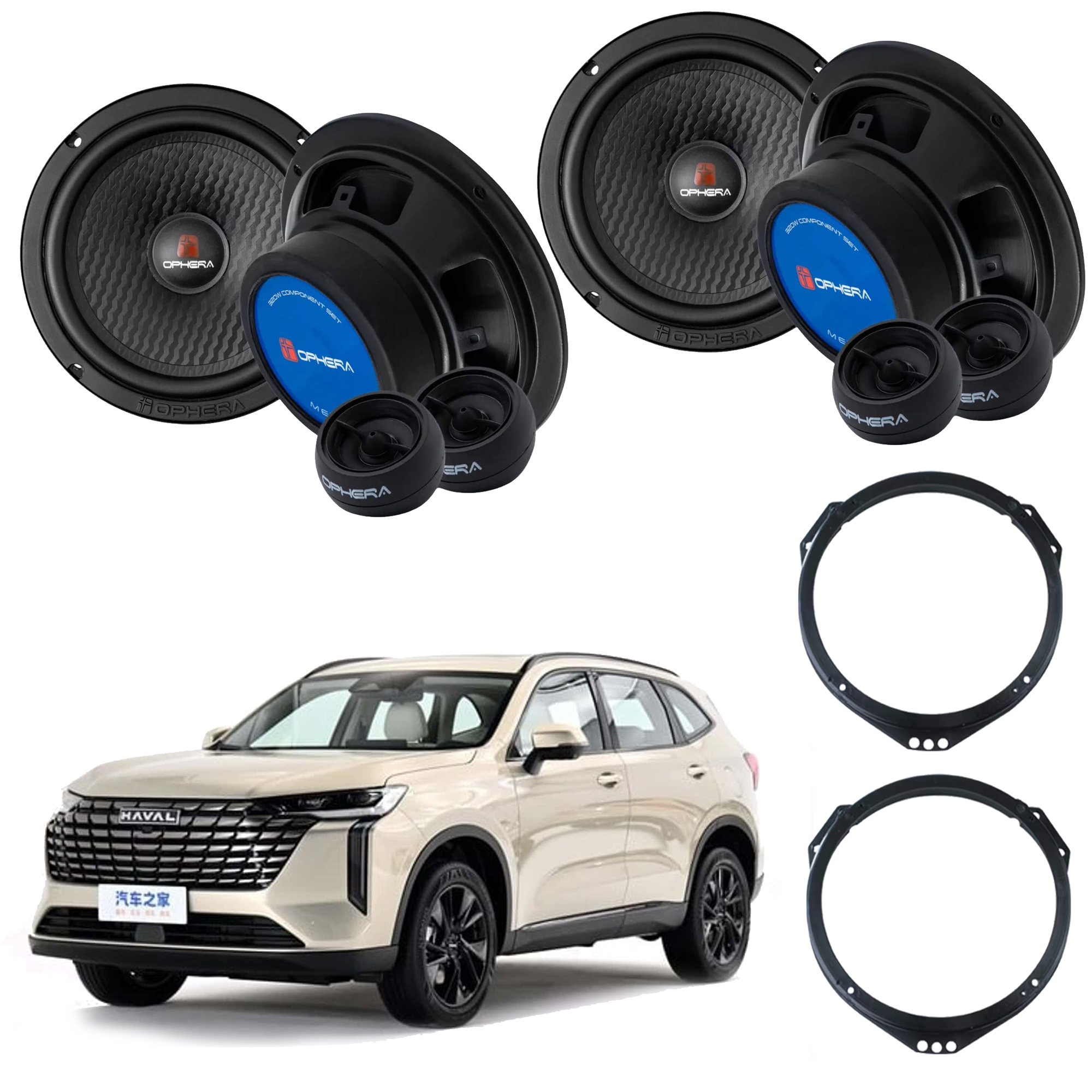 COMP Kit 4 Alto Falantes 2 Vias 6" Pol Mezzo MZ160.6 GWM HAVAL H6 + Aros Adaptadores Binde -  Ophera