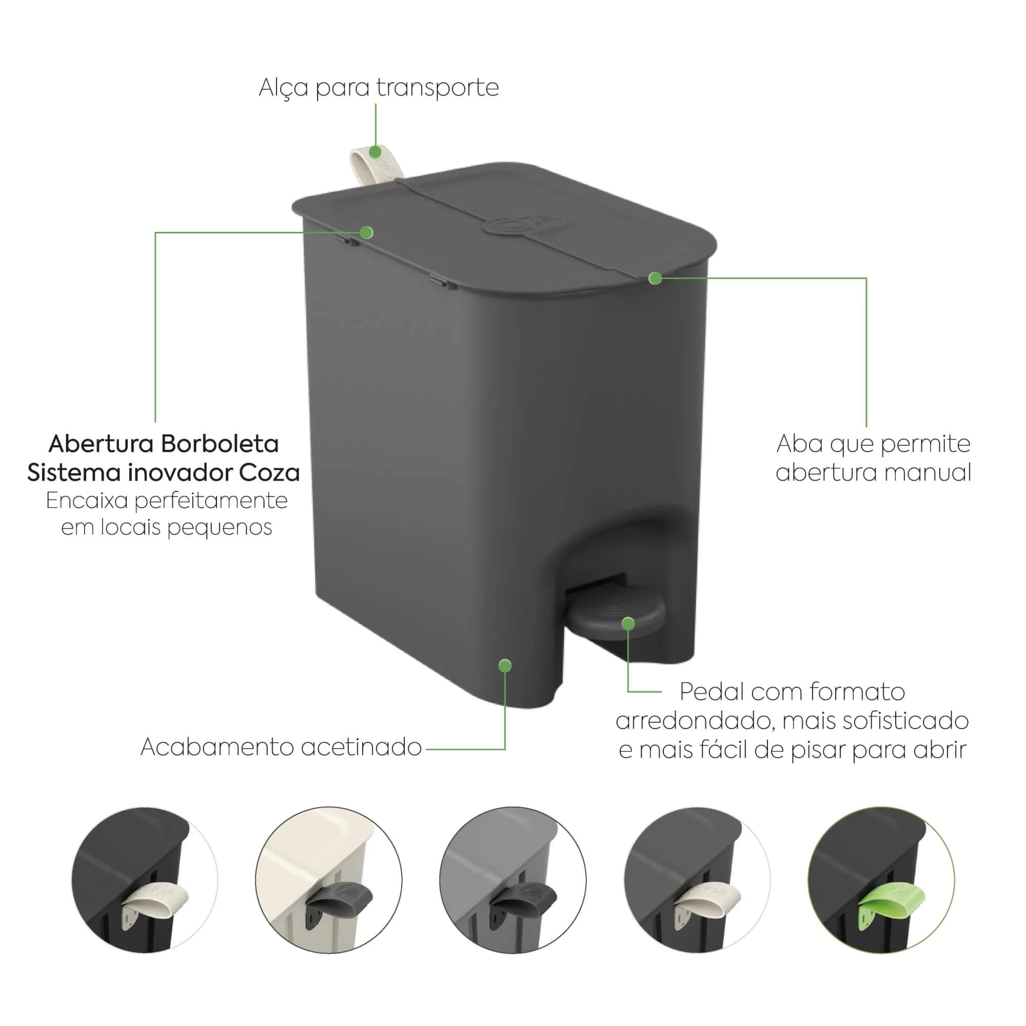 Lixeira Coza Borboleta com Pedal 6 Litros Cinza Frio com Alça Cinza Chumbo Brinox - 10660/0499