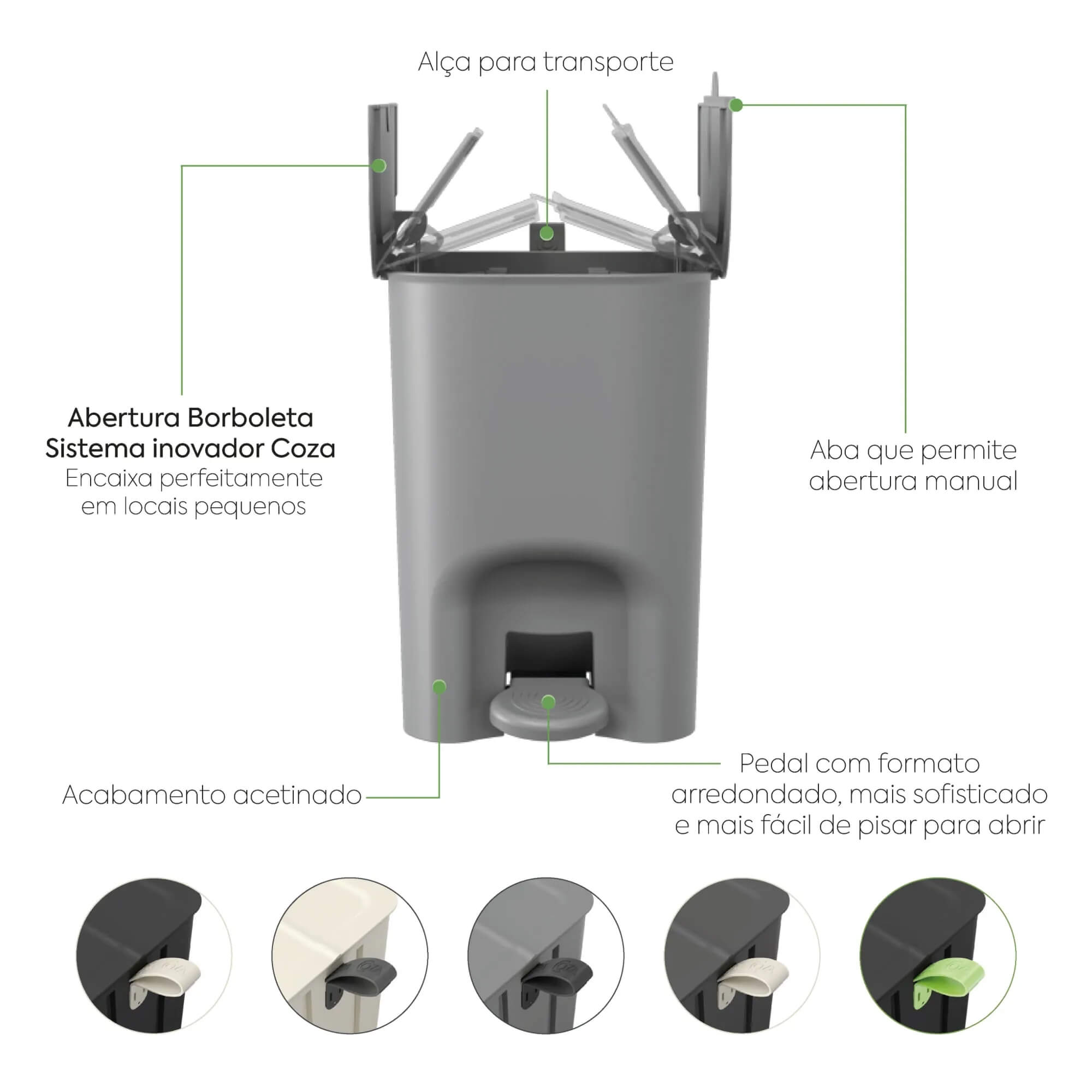 Lixeira Coza Borboleta com Pedal 12 Litros Light Gray com Alça Cinza Chumbo Brinox - 10661/0468