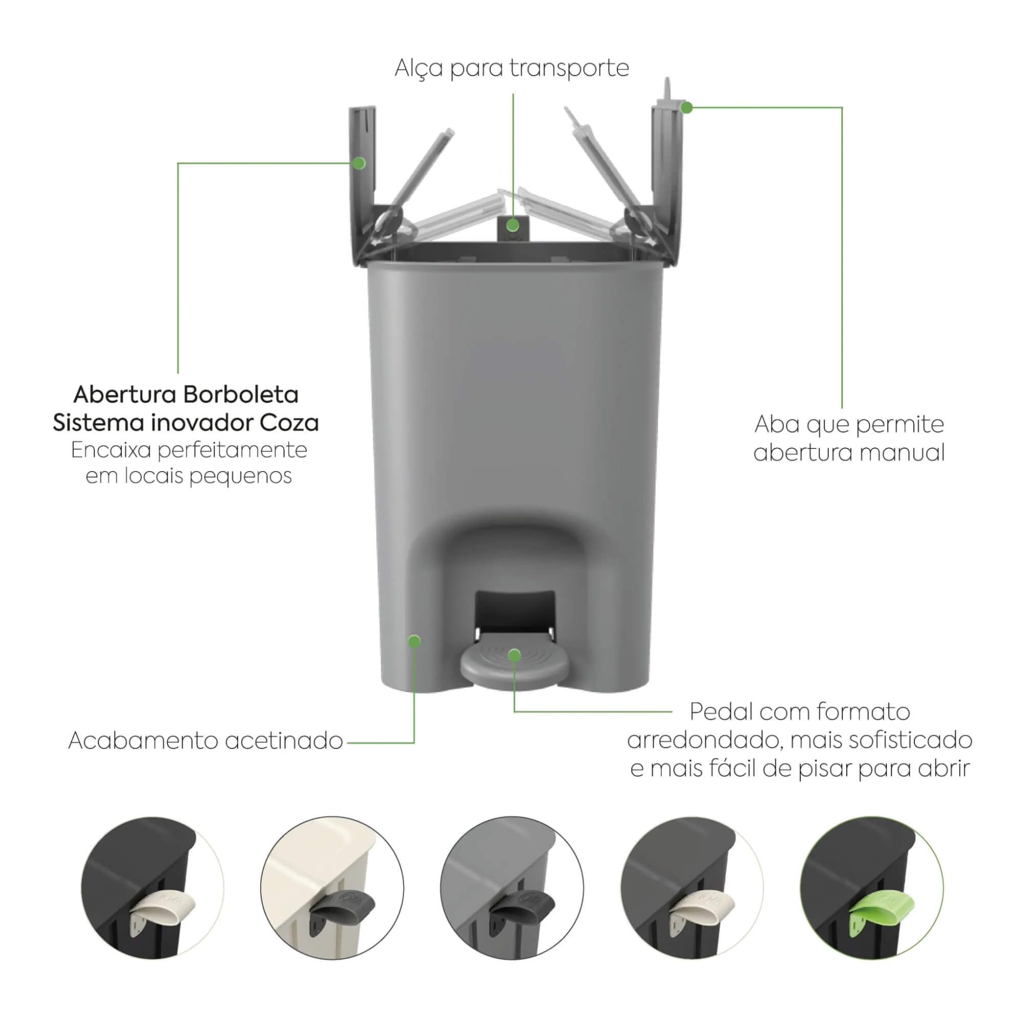 Lixeira Coza Borboleta com Pedal 12 Litros Cinza Frio com Alça Cinza Chumbo Brinox - 10661/0499