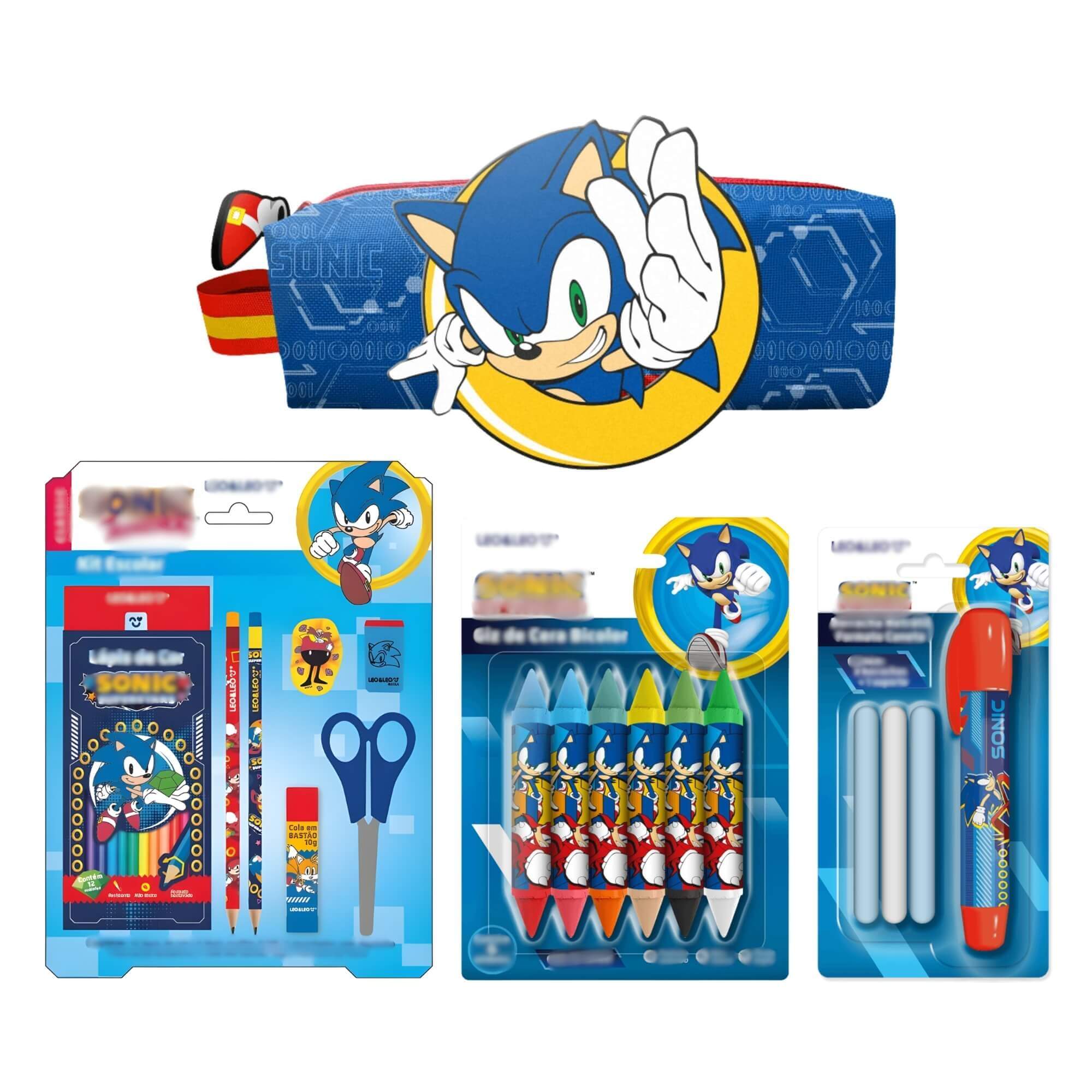 COMP Kit Sonic: Lápis de Cor 12 Cores + Borracha Retrátil + Estojo c/ Patch + Giz de Cera 12 Cores
