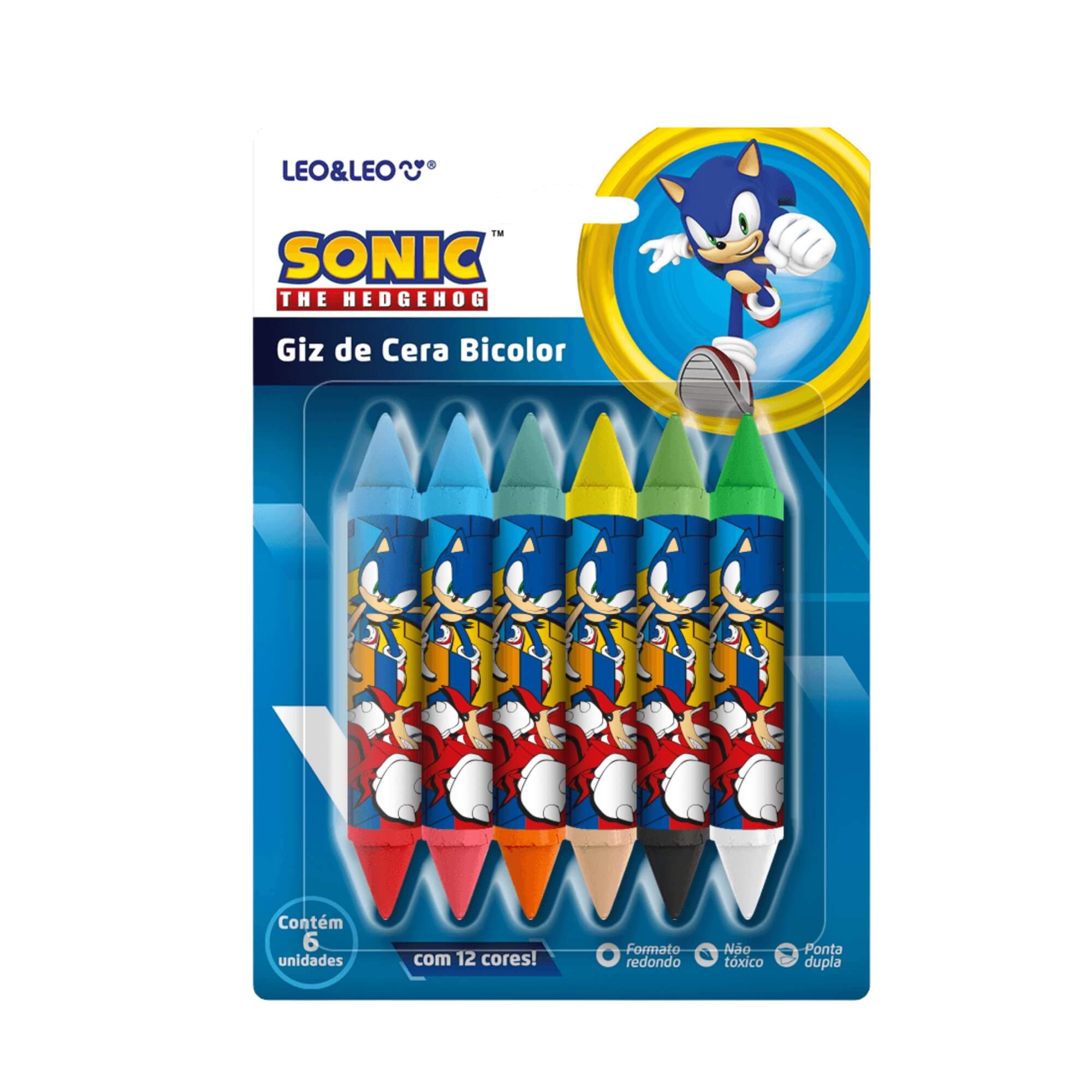 COMP Kit Sonic: Lápis de Cor 12 Cores + Borracha Retrátil + Estojo c/ Patch + Giz de Cera 12 Cores