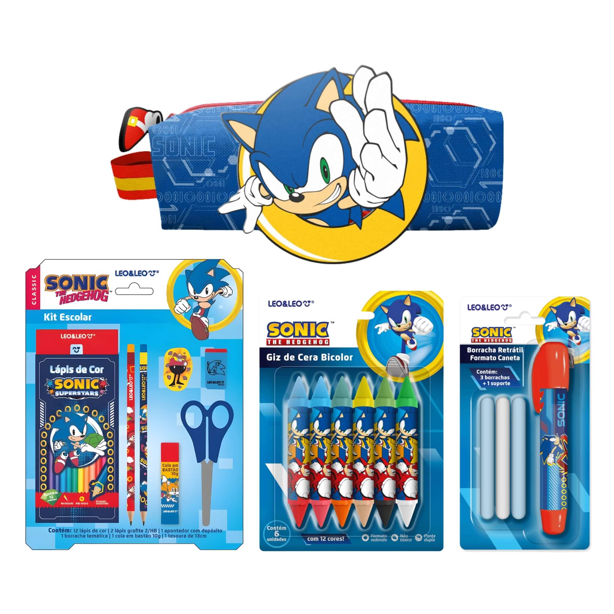 COMP Kit Sonic: Lápis de Cor 12 Cores + Borracha Retrátil + Estojo c/ Patch + Giz de Cera 12 Cores