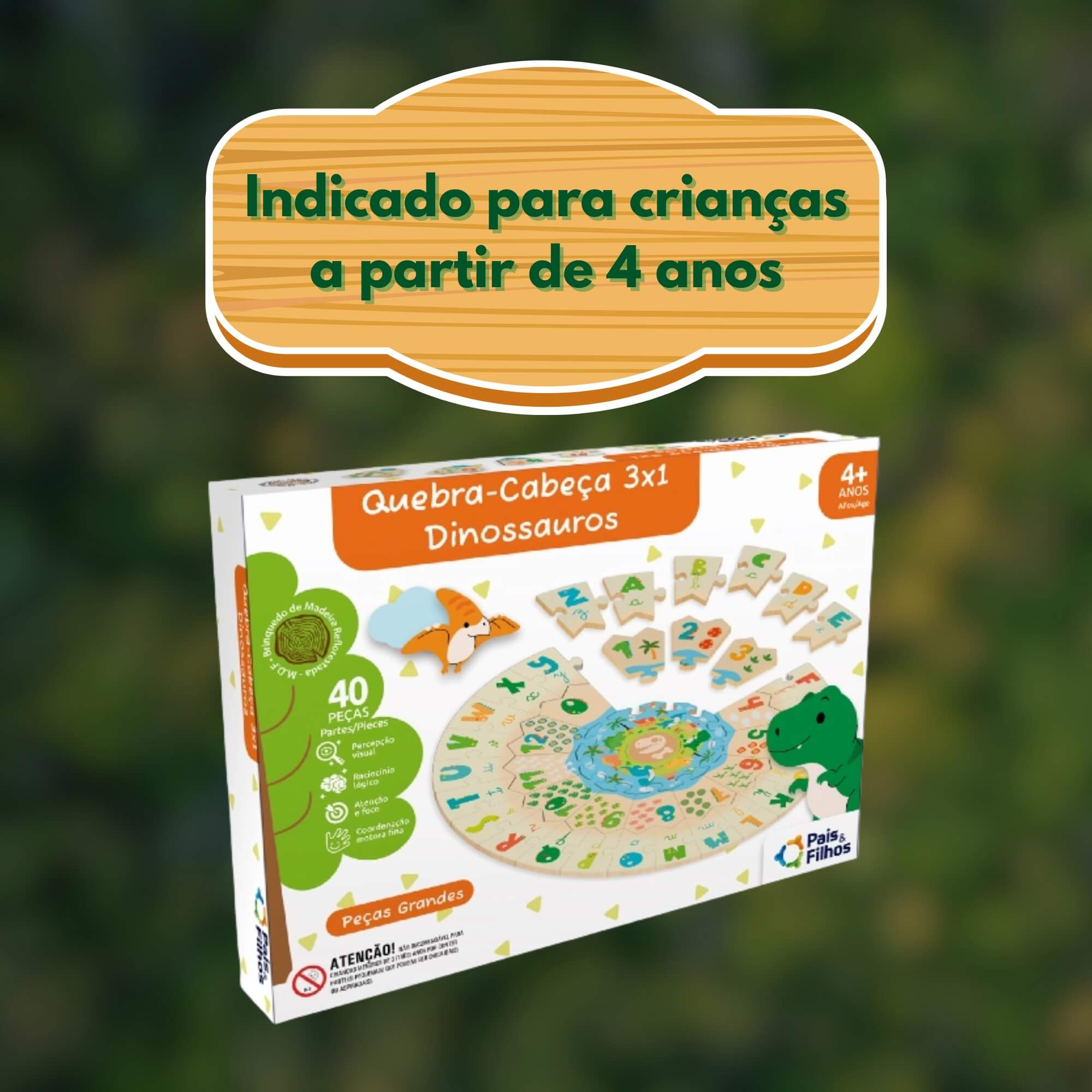 Brinquedo Infantil Quebra Cabeça 3X1 Dinossauros 40 Peças Pais e Filhos - 792951