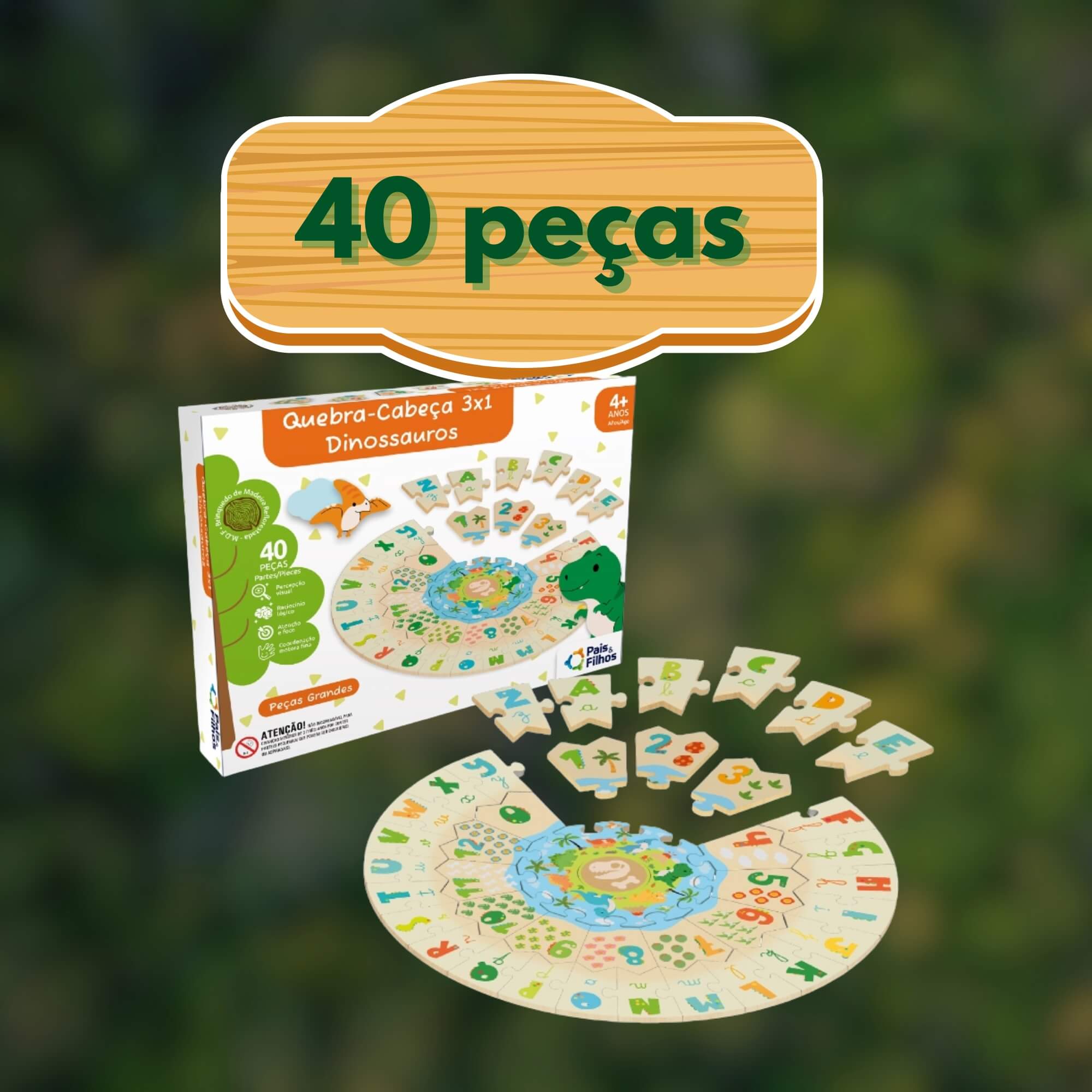 Brinquedo Infantil Quebra Cabeça 3X1 Dinossauros 40 Peças Pais e Filhos - 792951