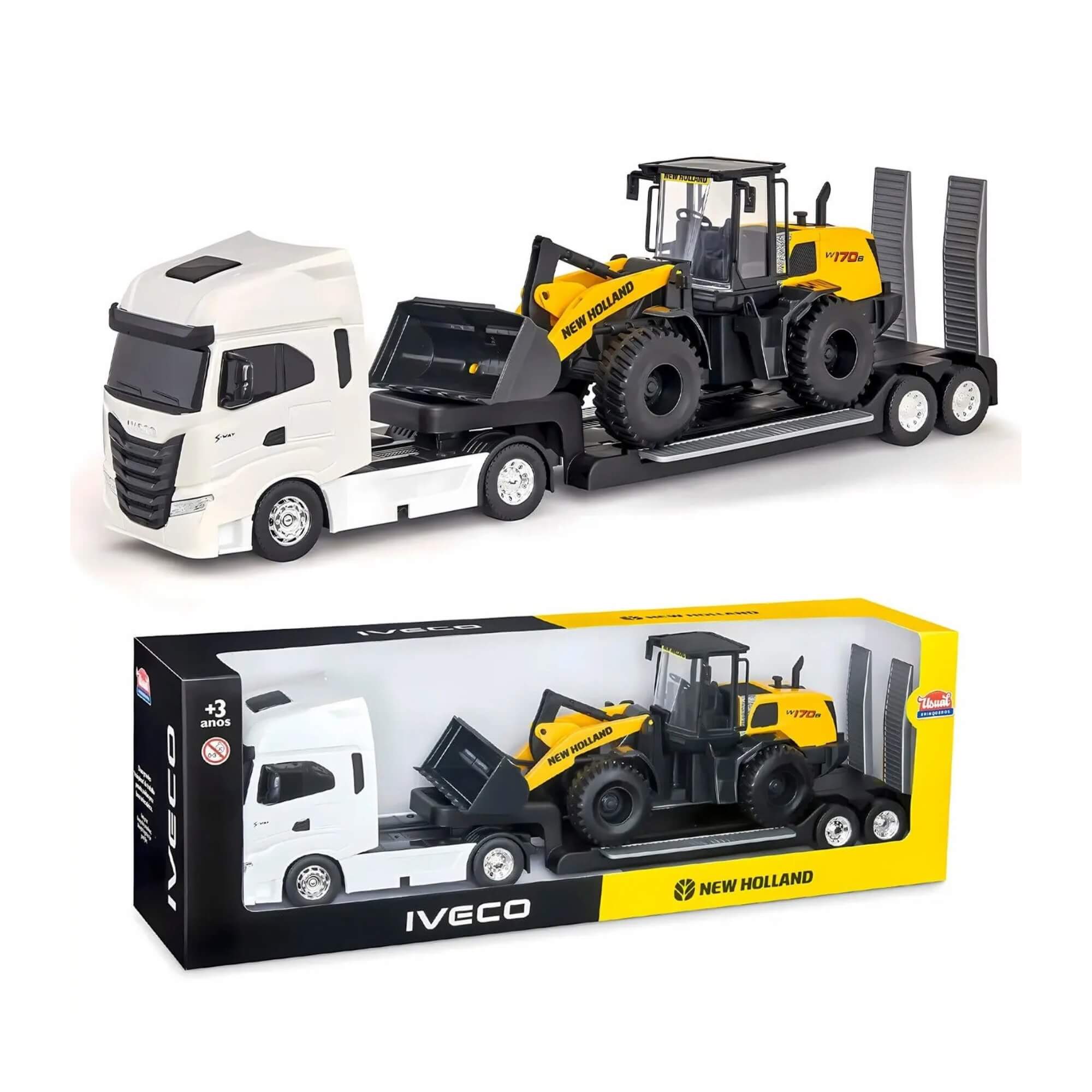 Brinquedo Caminhão Plataforma Iveco S-Way c/ Carregadeira New Holland Sortido Unitário Usual - 692