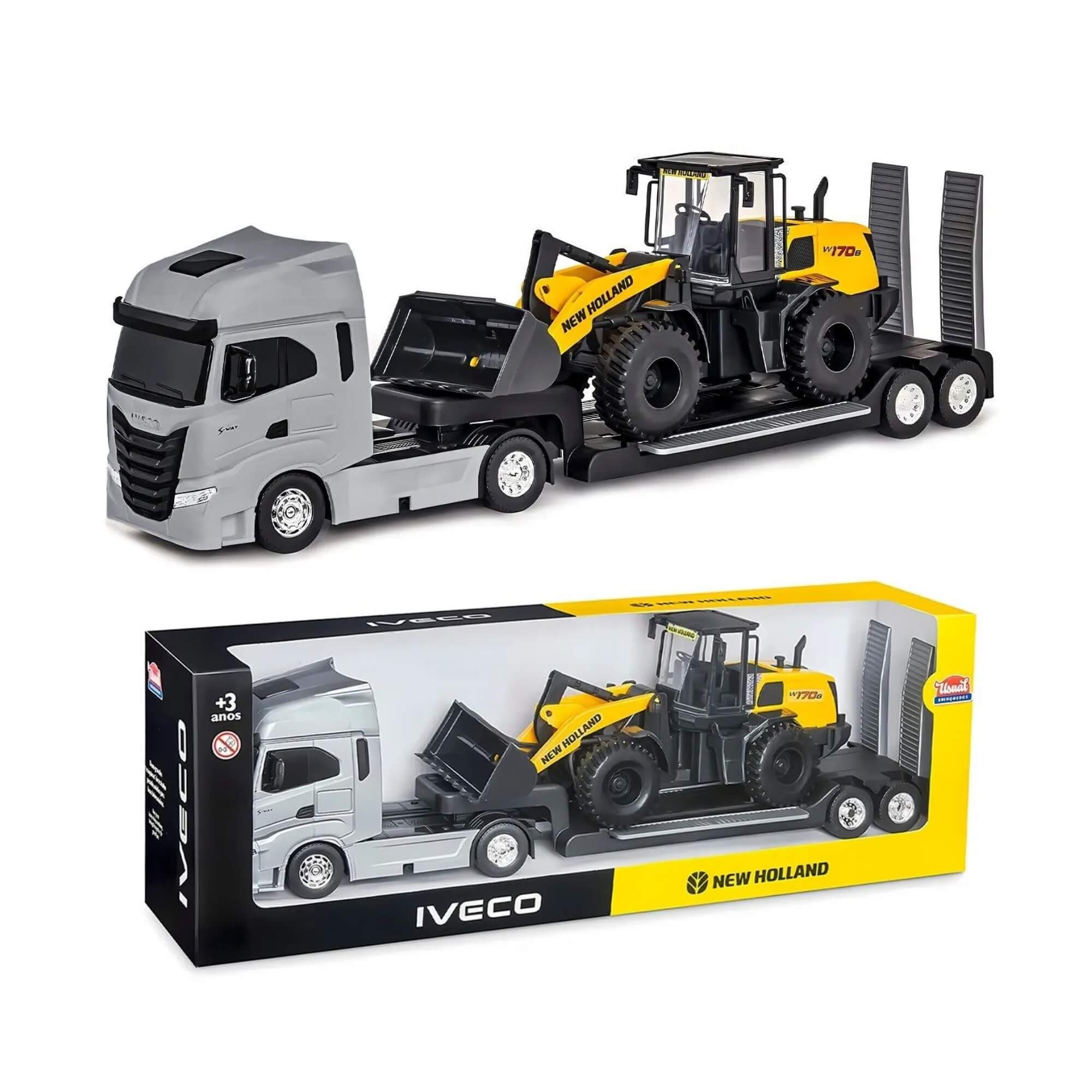 Brinquedo Caminhão Plataforma Iveco S-Way c/ Carregadeira New Holland Sortido Unitário Usual - 692