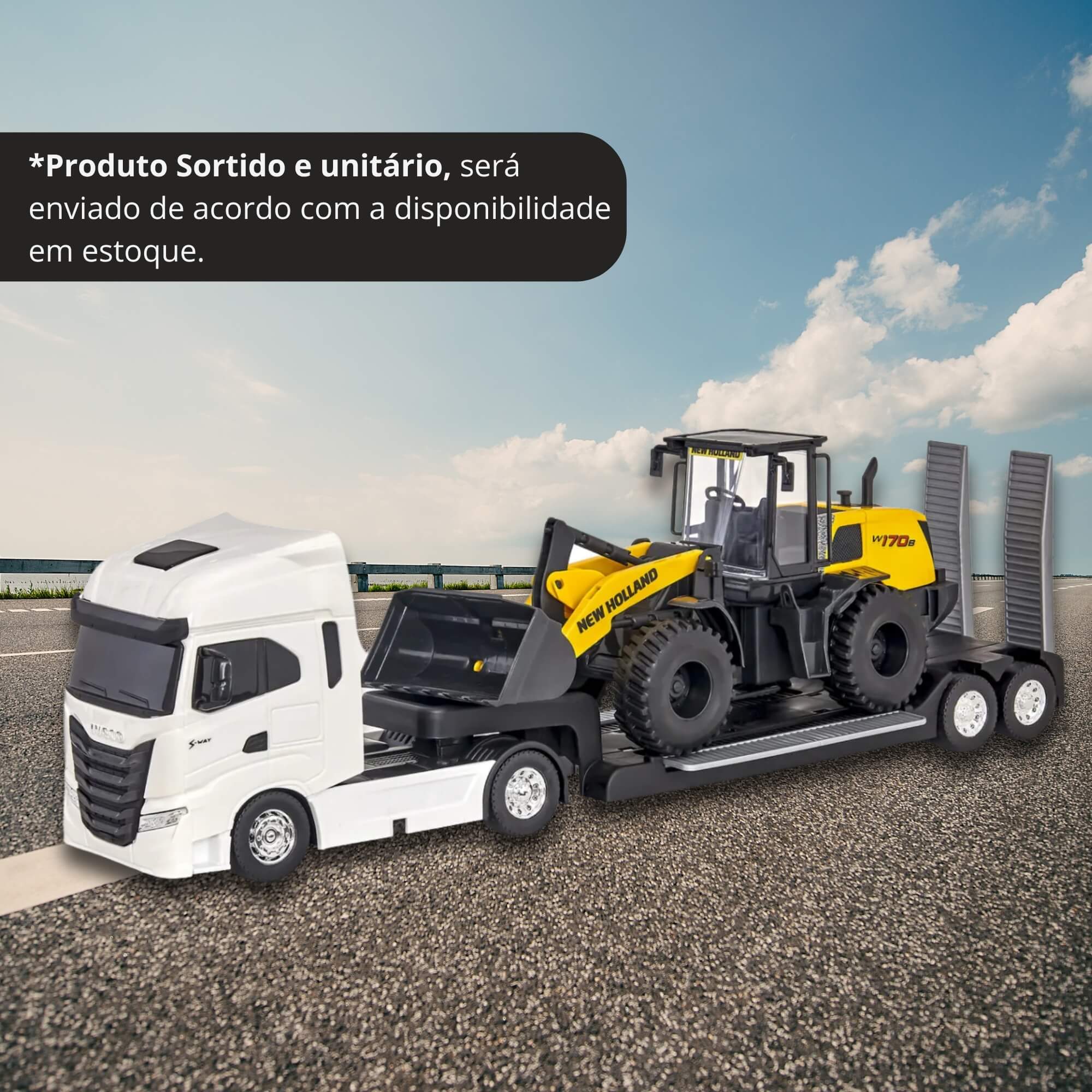 Brinquedo Caminhão Plataforma Iveco S-Way c/ Carregadeira New Holland Sortido Unitário Usual - 692