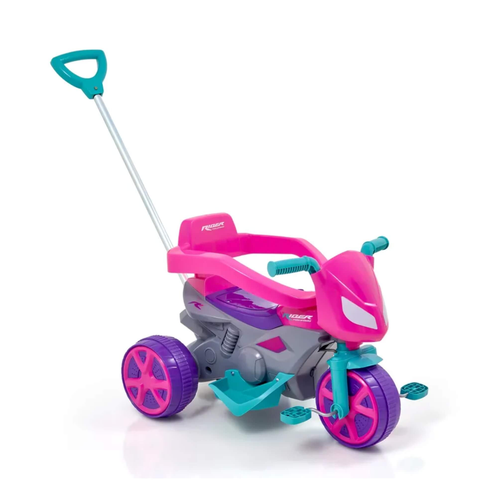 Triciclo Moto Rider Andador Rosa c/ Haste Direcional e Apoio para Pés Usual Brinquedos - 898