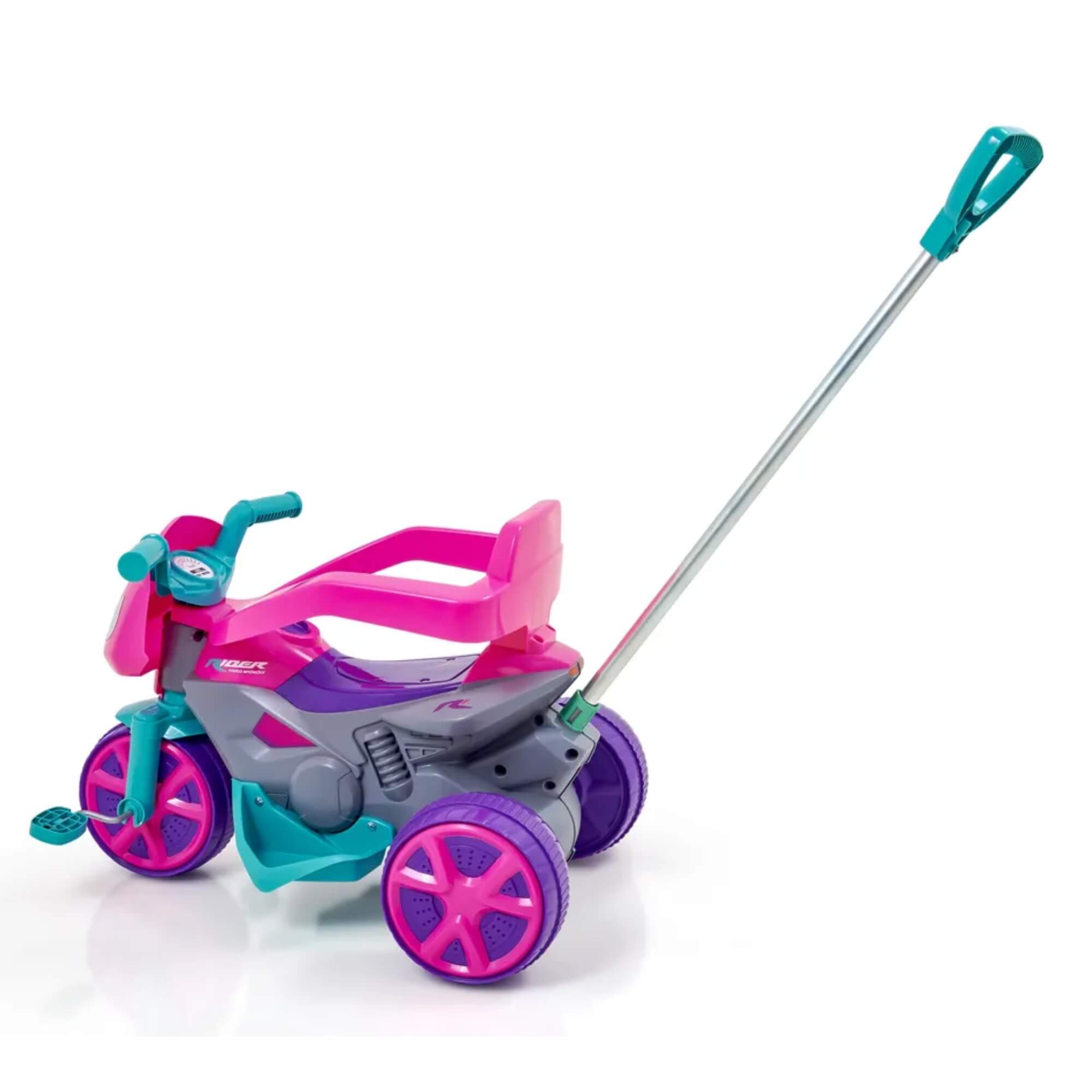 Triciclo Moto Rider Andador Rosa c/ Haste Direcional e Apoio para Pés Usual Brinquedos - 898